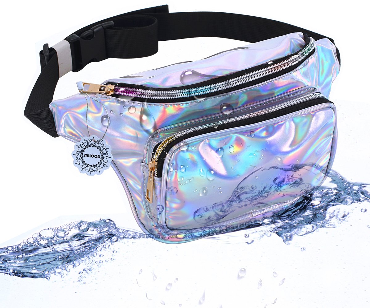 Women's Holographic Leather Fanny Pack - Stylish Waist Bag for Parties, Festivals & Concerts - Secure Money Belt Pouch with Silver Accents - Perfect for Travel, Raves & Outdoor Events
