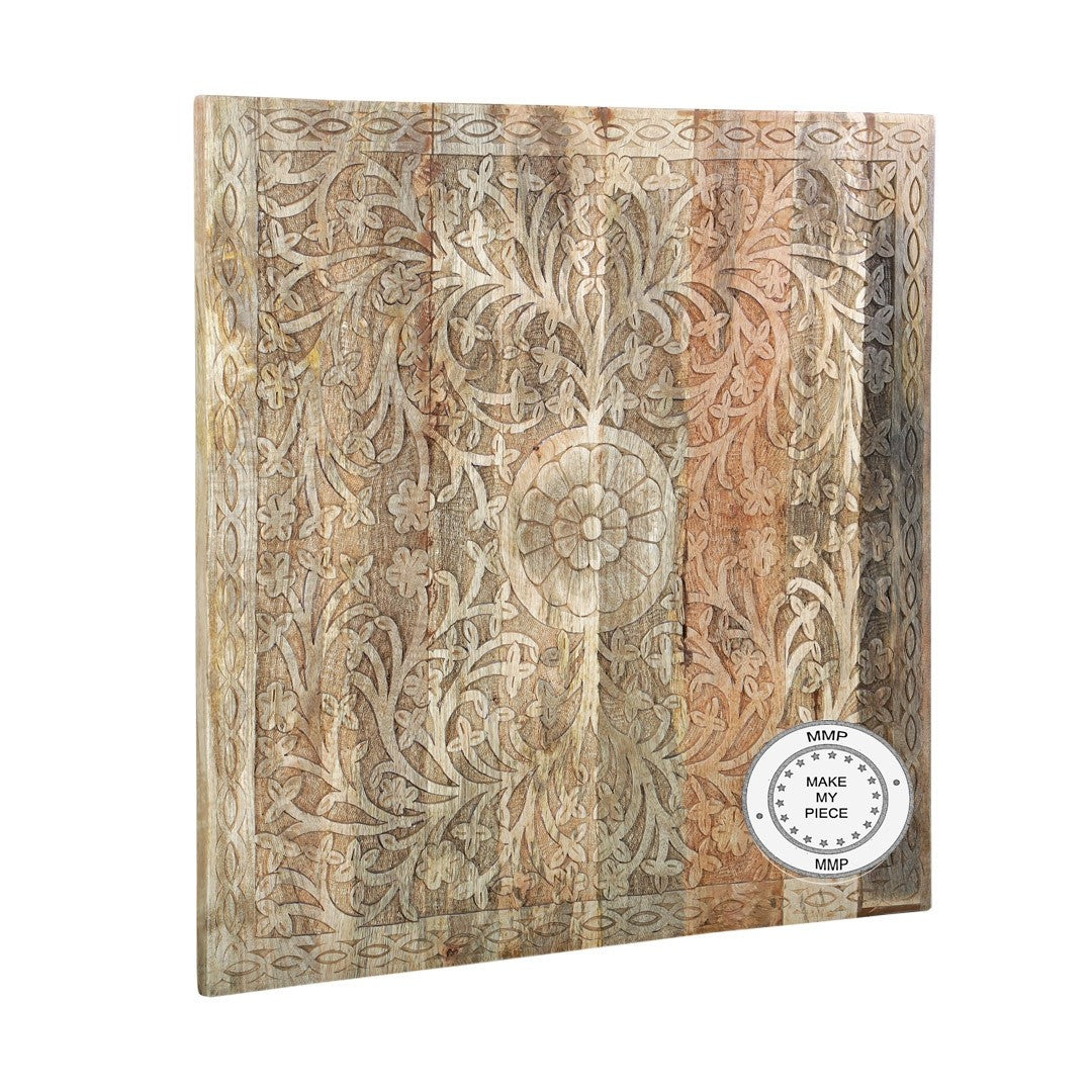 Hand Carved Indian Wooden Bedhead Panel - Natural Teak Wood Headboard for Bedroom Decor - Perfect for Boho, Rustic, and Ethnic Style Home Interiors