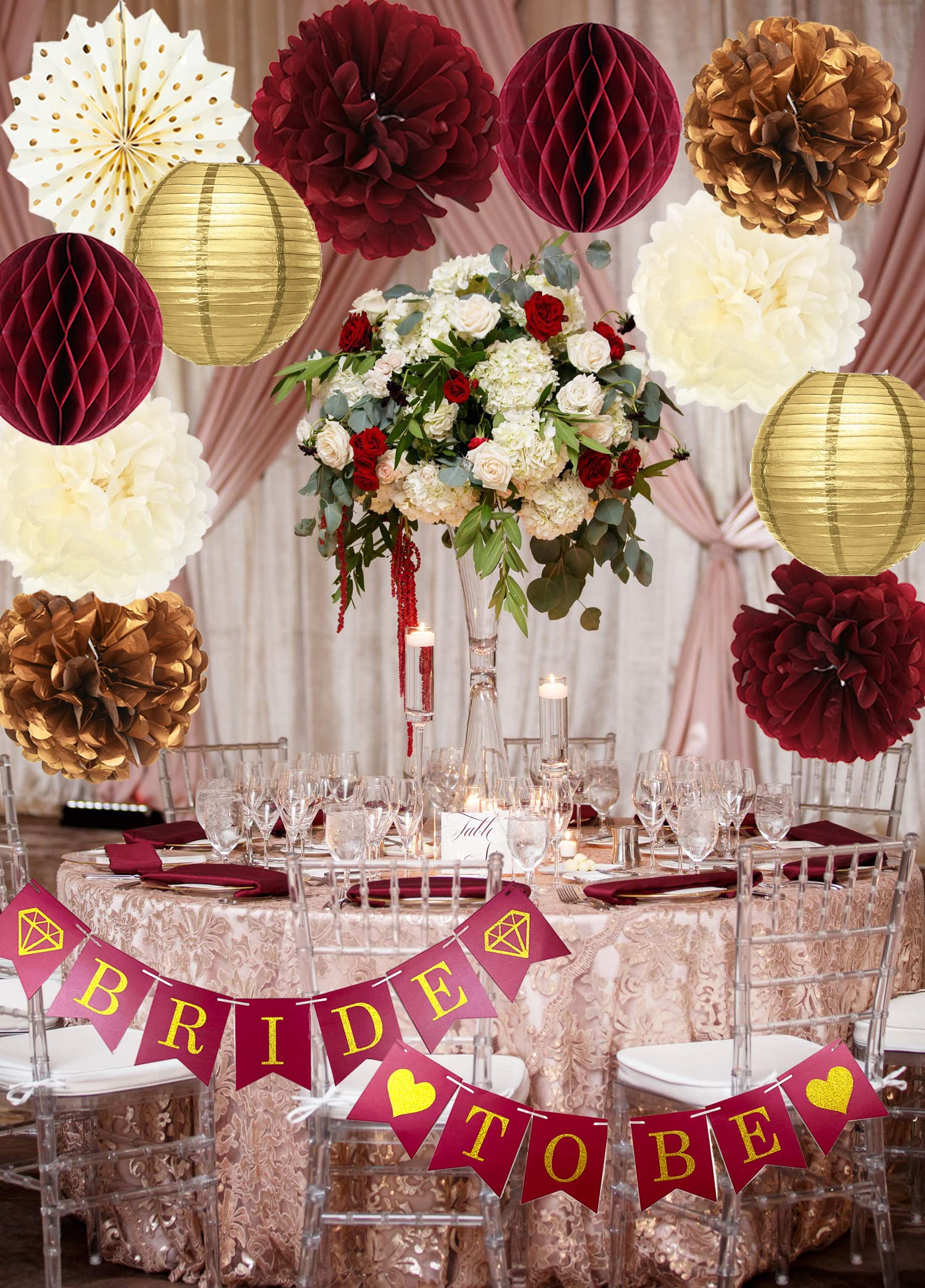 Elegant Burgundy & Gold Bridal Shower Decorations Set - Fall Bachelorette Party & Wedding Decor with Polka Dot Fans & Bride To Be Banner - Perfect for Rustic Autumn Weddings, Engagement Parties & Bridal Showers