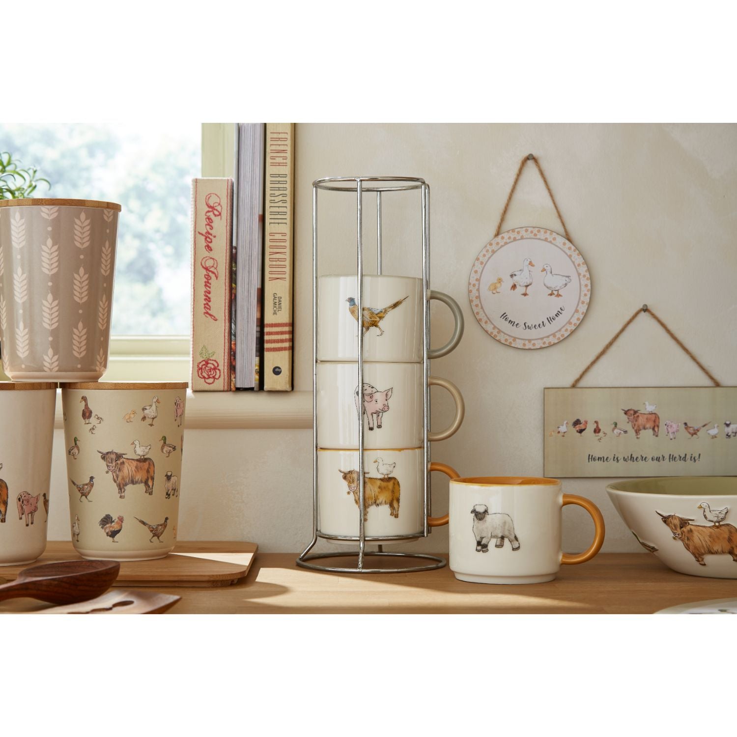 Buttercup Farm Set of 4 Stacking Mugs with Holder - Ceramic Coffee Cups for Tea, Hot Chocolate & Milk - Perfect for Farmhouse Kitchens, Rustic Decor & Gift Giving