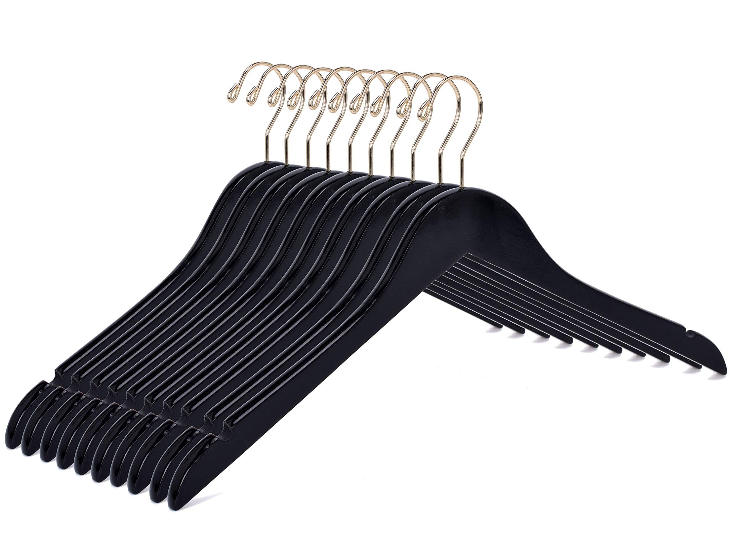 Premium Black Wooden Hangers Set - 20 with Bar, 10 Barless, 10 Clip & 10 Straight Clip Hangers - Gold Hook Luxury Closet Organizers for Jackets, Pants & Dresses - Perfect for Wardrobe, Retail & Boutique Display