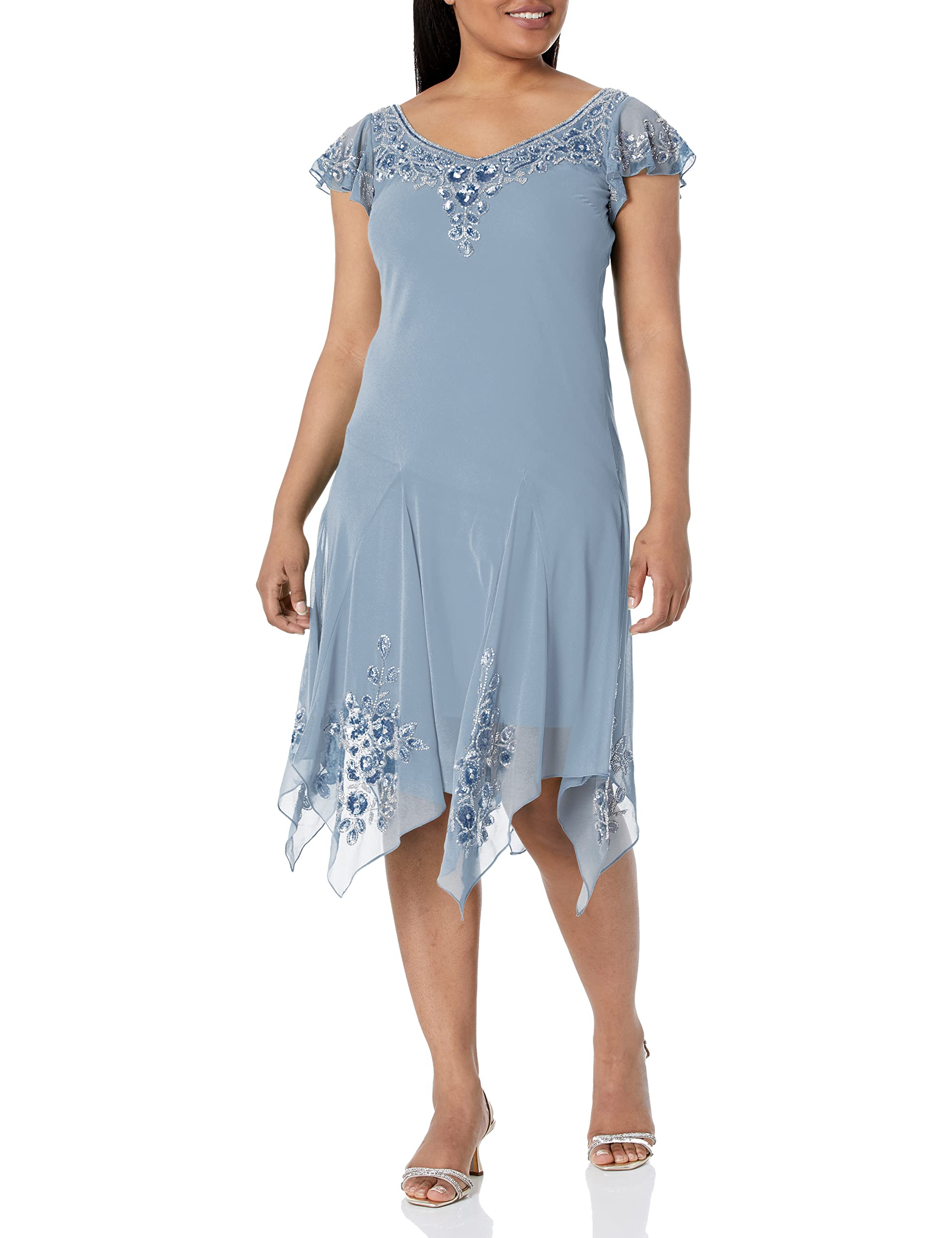 J Kara Women's Plus Size Petite Flutter Sleeve Hanky Hem Cocktail Dress with Beaded Details - Perfect for Parties, Weddings & Special Occasions