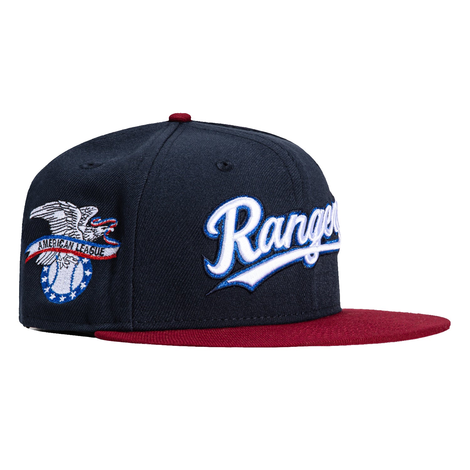 New Era 59Fifty Texas Rangers MLB Baseball Cap with American League Patch - Navy & Cardinal Colors for Baseball Games, Fan Gear, and Casual Wear