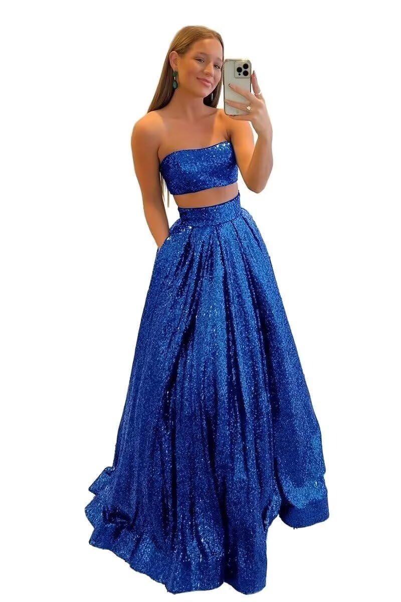 Elegant Women's Two-Piece Long Sequin Prom Dress - A-Line Satin Formal Evening Gown for Wedding, Party & Special Occasions | Perfect for Prom Night, Cocktail Events & Black Tie Galas