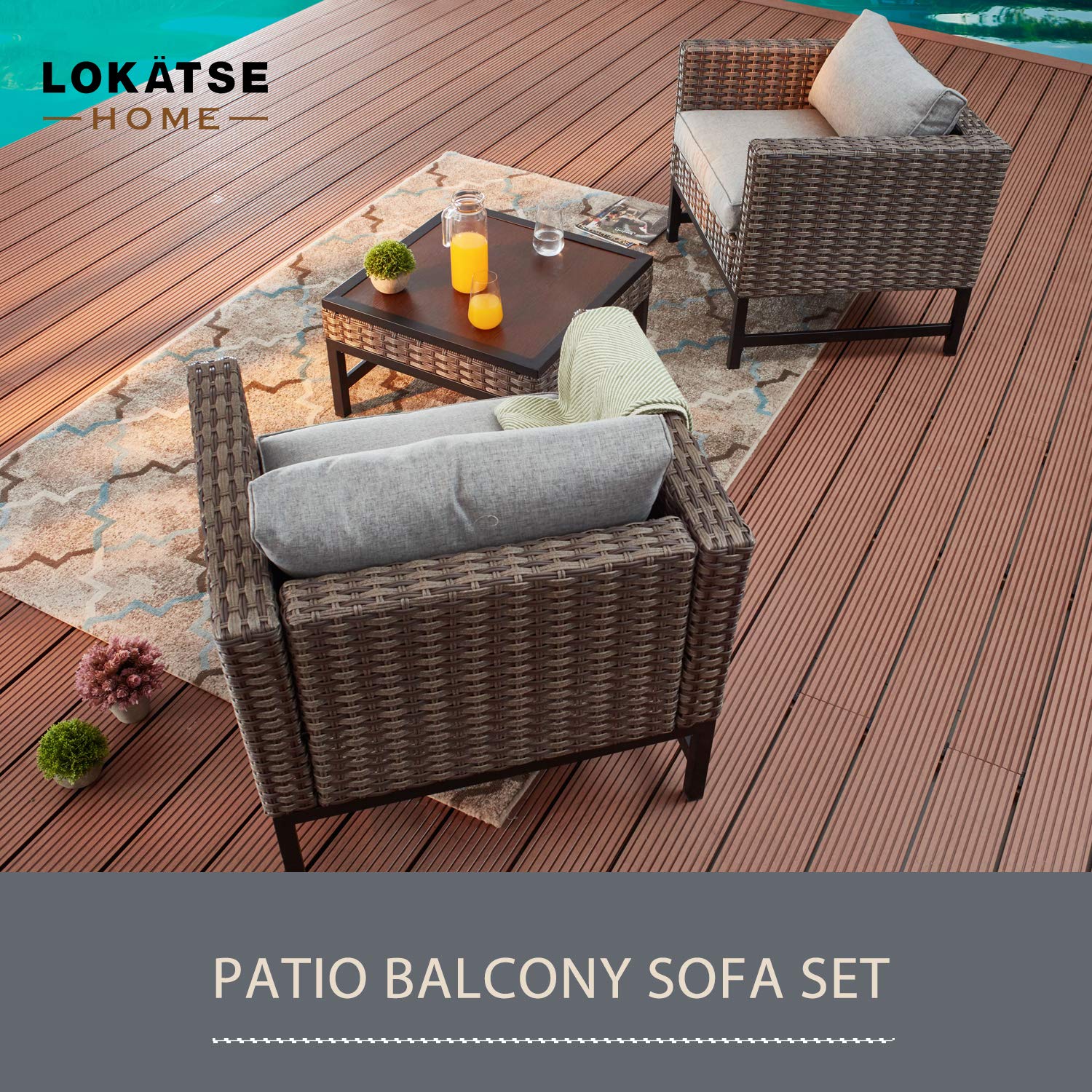 LOKATSE HOME 3-Piece Outdoor Patio Furniture Set - Rattan Wicker Chairs with Square Coffee Table for Balcony, Garden, or Backyard - Brown Conversation Set for Relaxing & Entertaining
