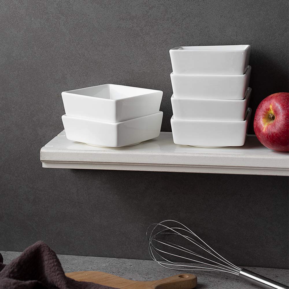 DOWAN 6 oz Square Porcelain Ramekins - Oven Safe Baking Dishes for Creme Brulee, Souffle, Desserts, Appetizers & Dipping Sauces | Set of 6 White Ceramic Bowls | Perfect for Home Baking, Restaurant Use & Party Serving