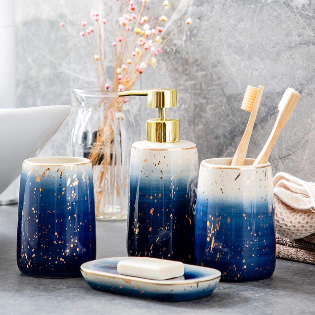 Ceramic Bathroom Accessories Set - 4 Piece Gradient Blue Bathroom Set with 2 Toothbrush Holders, 1 Soap Dish & 1 Lotion Dispenser | Modern Home Decor Gift for Housewarming, Wedding, Bathroom Organization