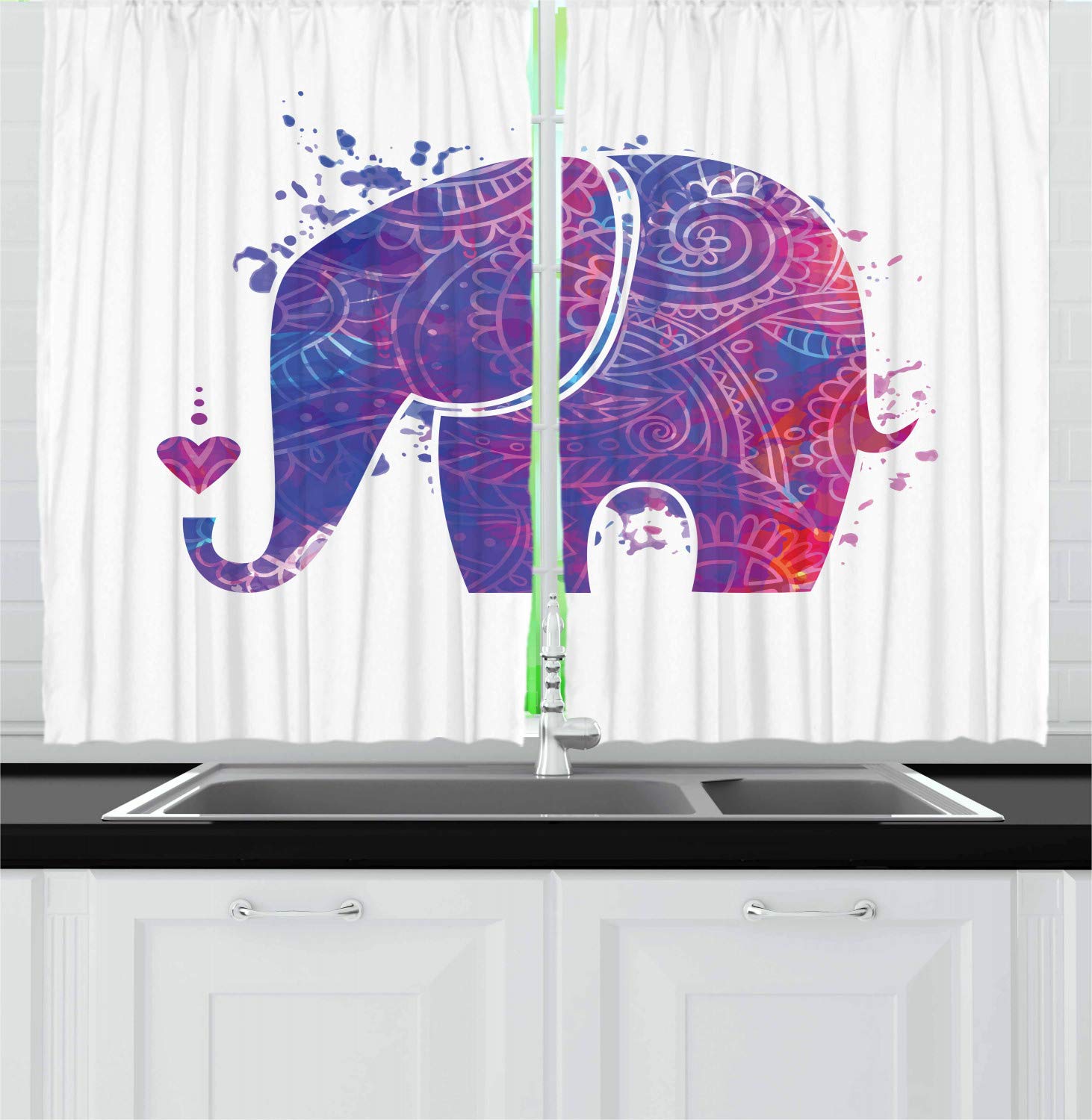 Ambesonne Floral Elephant Yoga Kitchen Curtains - 2 Panel Set, Pink Blue Vermilion Color Splatter Design, 55