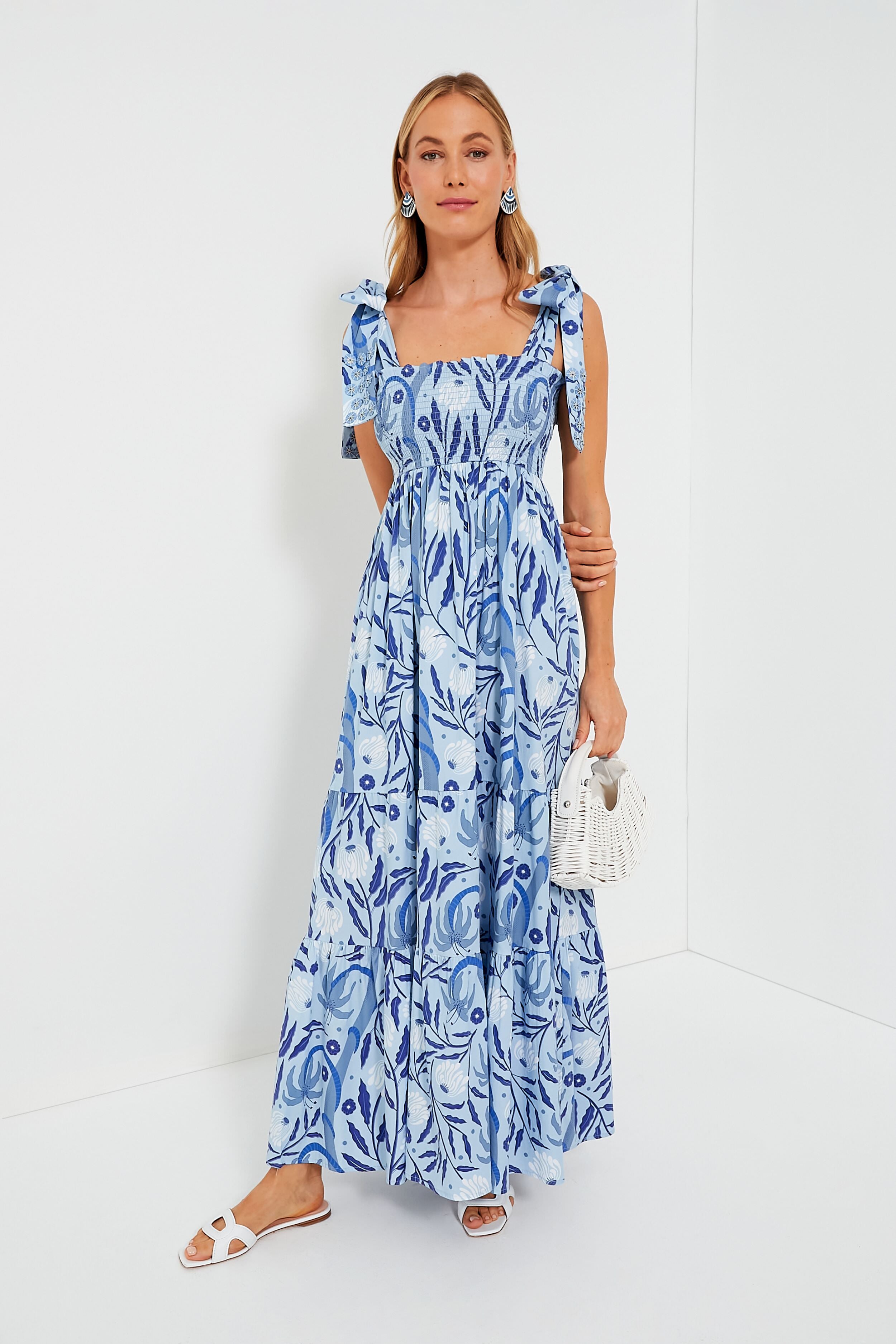 Botanical Blues Kelly Dress - Floral Print Midi Dress for Women | Perfect for Summer, Beach Vacations & Casual Outings