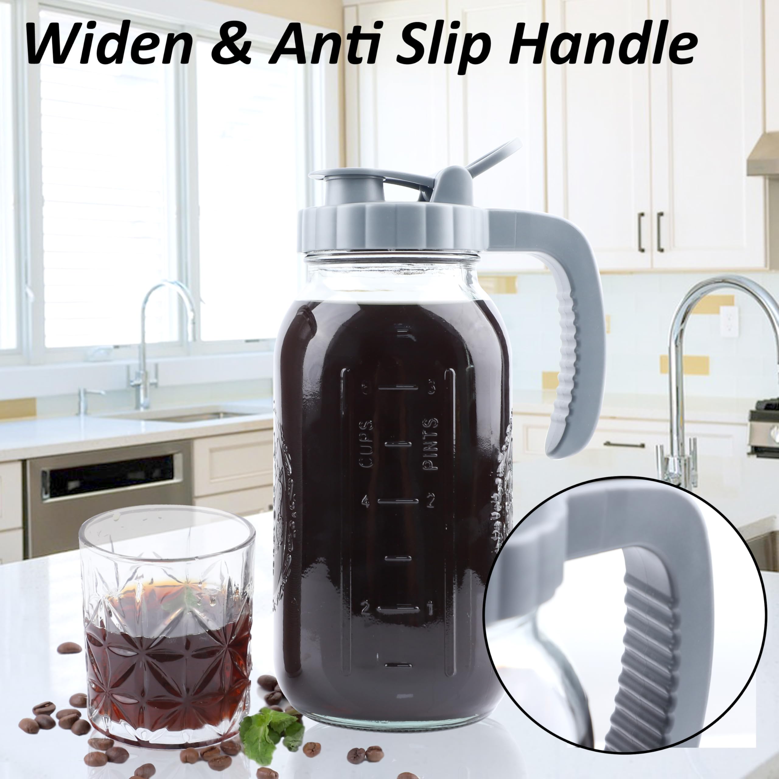 64oz Cold Brew Coffee Maker with Infuser - 2 Quart Wide Mouth Mason Jar Pitcher, Leakproof Lid & Handle - Half Gallon Iced Coffee Maker for Refrigerator - Perfect for Home, Office & Outdoor Use