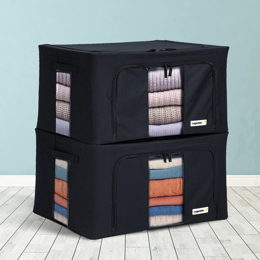 Foldable Clothes Storage Organizer - 2 Pack Large Capacity Collapsible Closet Boxes with Sturdy Handles & Premium Fabric - Under Bed Blanket Storage Bins with Strong Zippers (X-Large, Black) - Perfect for Seasonal Clothing, Bedding & Home Organization
