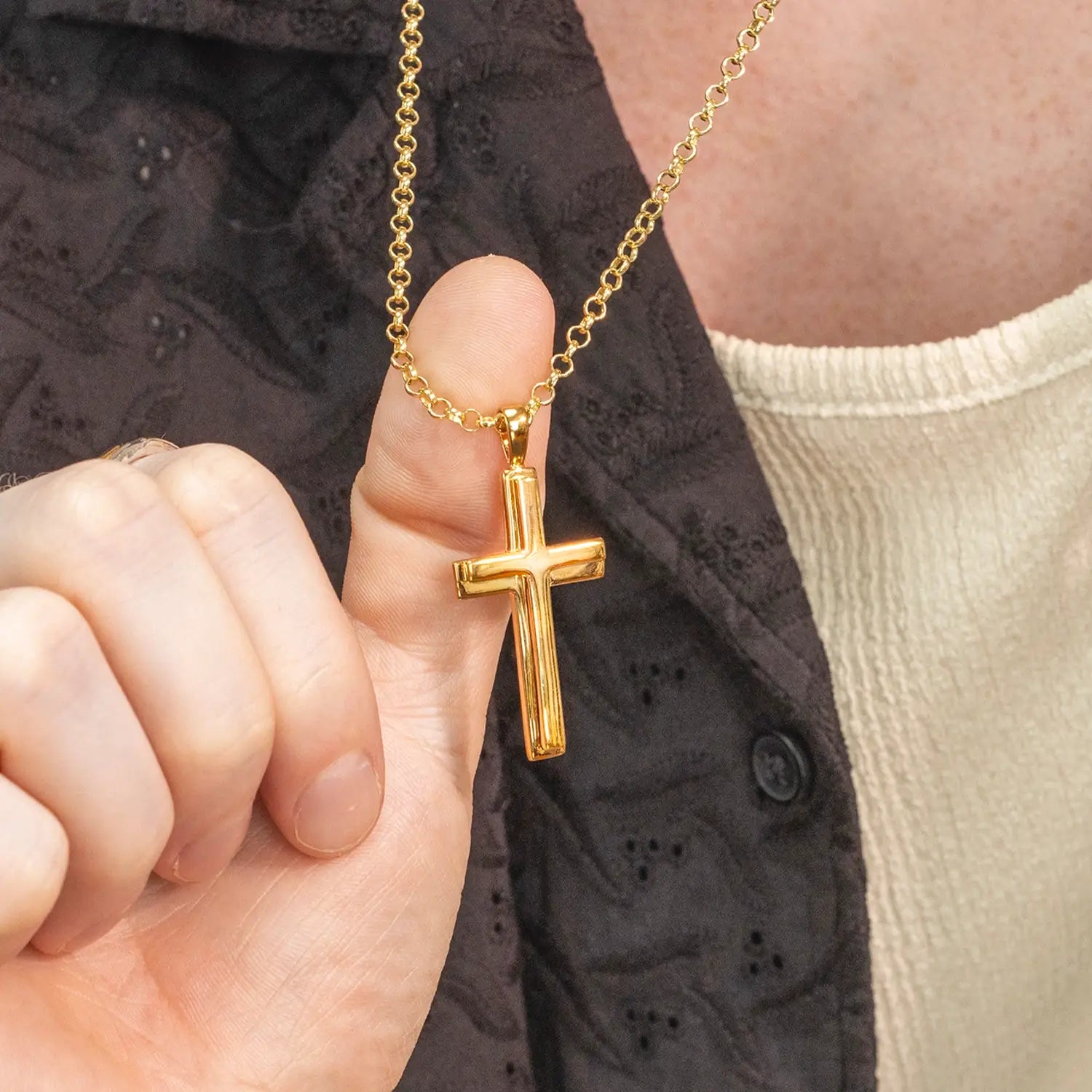 Men's 14K Gold Plated Heavy Cross Pendant Necklace for Men - Religious Jewelry Gift for Baptism, Confirmation & Everyday Wear