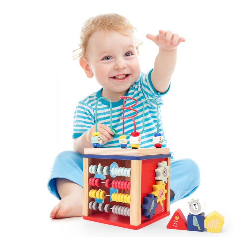 LEO & FRIENDS 5-in-1 Activity Cube Wooden Toys for 1-2 Year Old Girls, Montessori Bead Maze & Shape Sorter, Preschool Learning Toys for 12-18 Months, Perfect for Home, Daycare & Travel