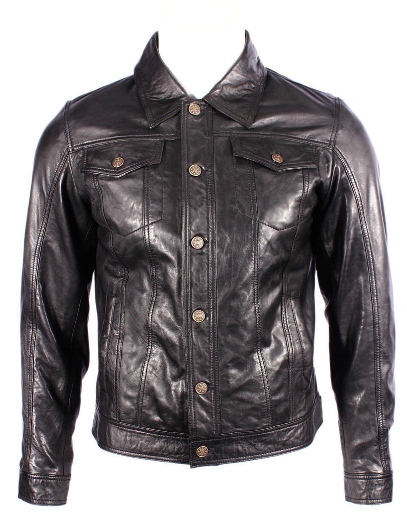 Men's Slim Fit Black Leather Trucker Jacket - Western Denim Biker Style for Motorcycle Riding & Casual Outfits