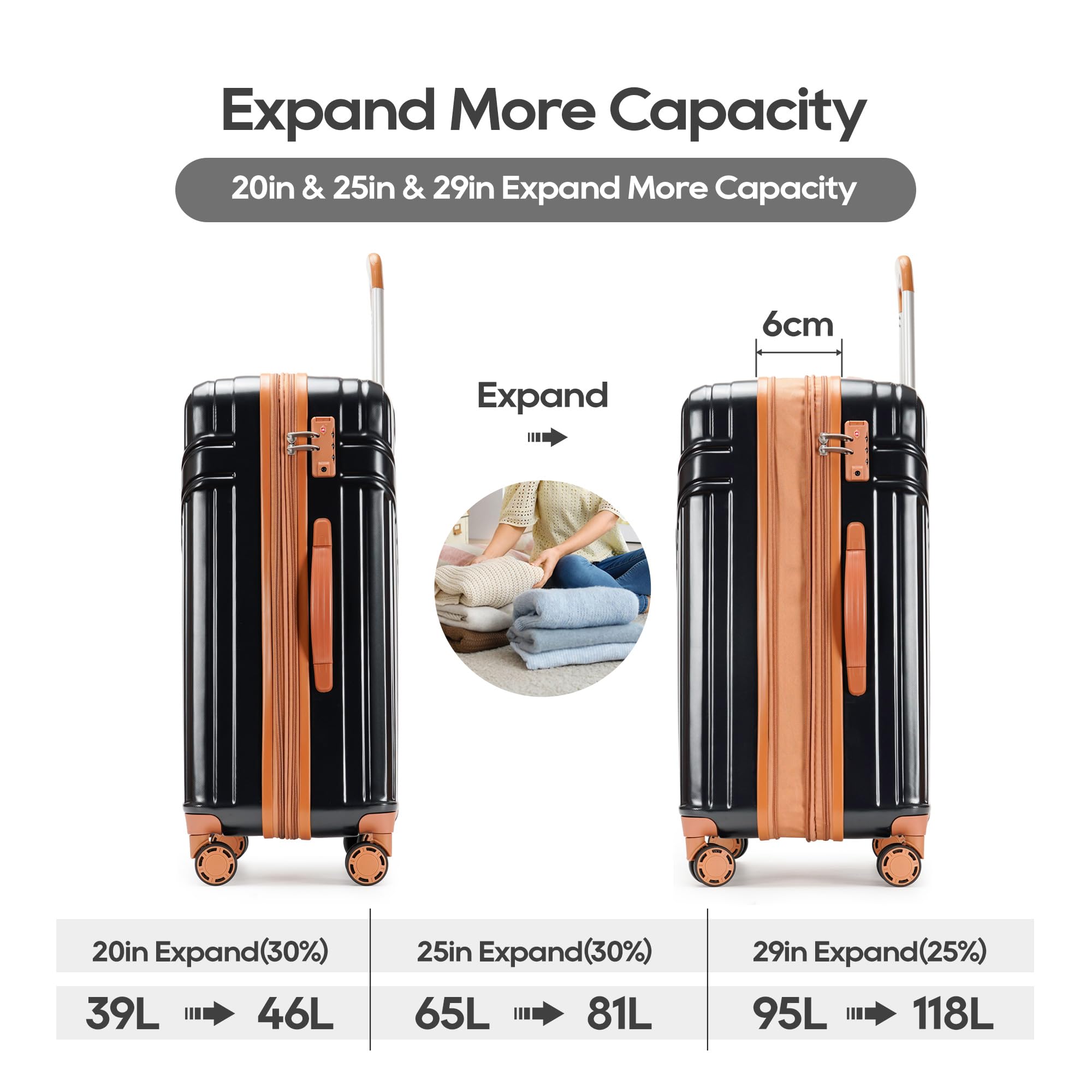 GinzaTravel 3-Piece Expandable Hardside Luggage Set with Wheels & TSA Lock - Durable PC+ABS Suitcases for International Travel, Business Trips & Family Vacations