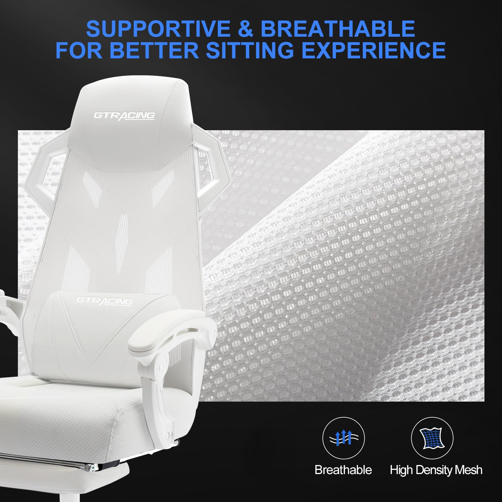 GTRACING Ergonomic Gaming Chair with Mesh Back, Adjustable Headrest & Lumbar Support, Reclining Computer Chair with Footrest for Home Office & Esports (White) - Perfect for Long Gaming Sessions & Work from Home Comfort