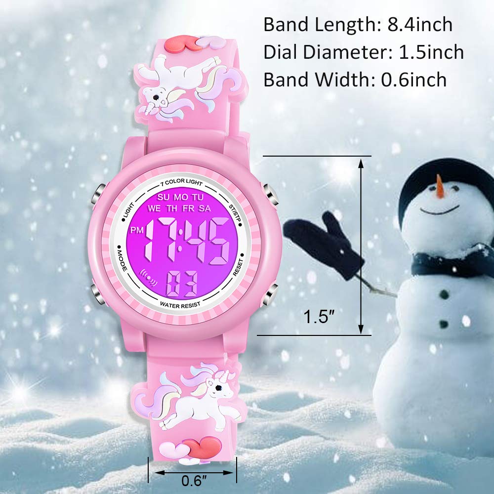 Venhoo Kids Digital Watch - 3D Cartoon Waterproof Watch with 7 Color LED Lights, Alarm & Stopwatch for Girls Ages 3-10 | Perfect for School, Playtime & Outdoor Activities