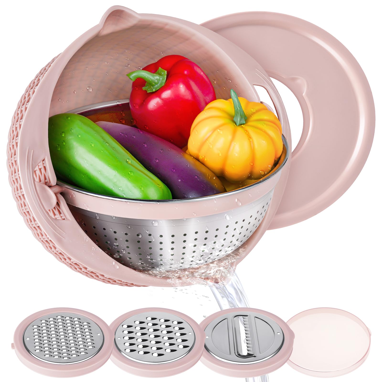 4-in-1 Rotating Colander and Mixing Bowl Set - Kitchen Strainer for Pasta, Rice, Fruits & Vegetables - BPA-Free Food Colander with Handle - Perfect for Washing, Draining & Food Prep (Pink)