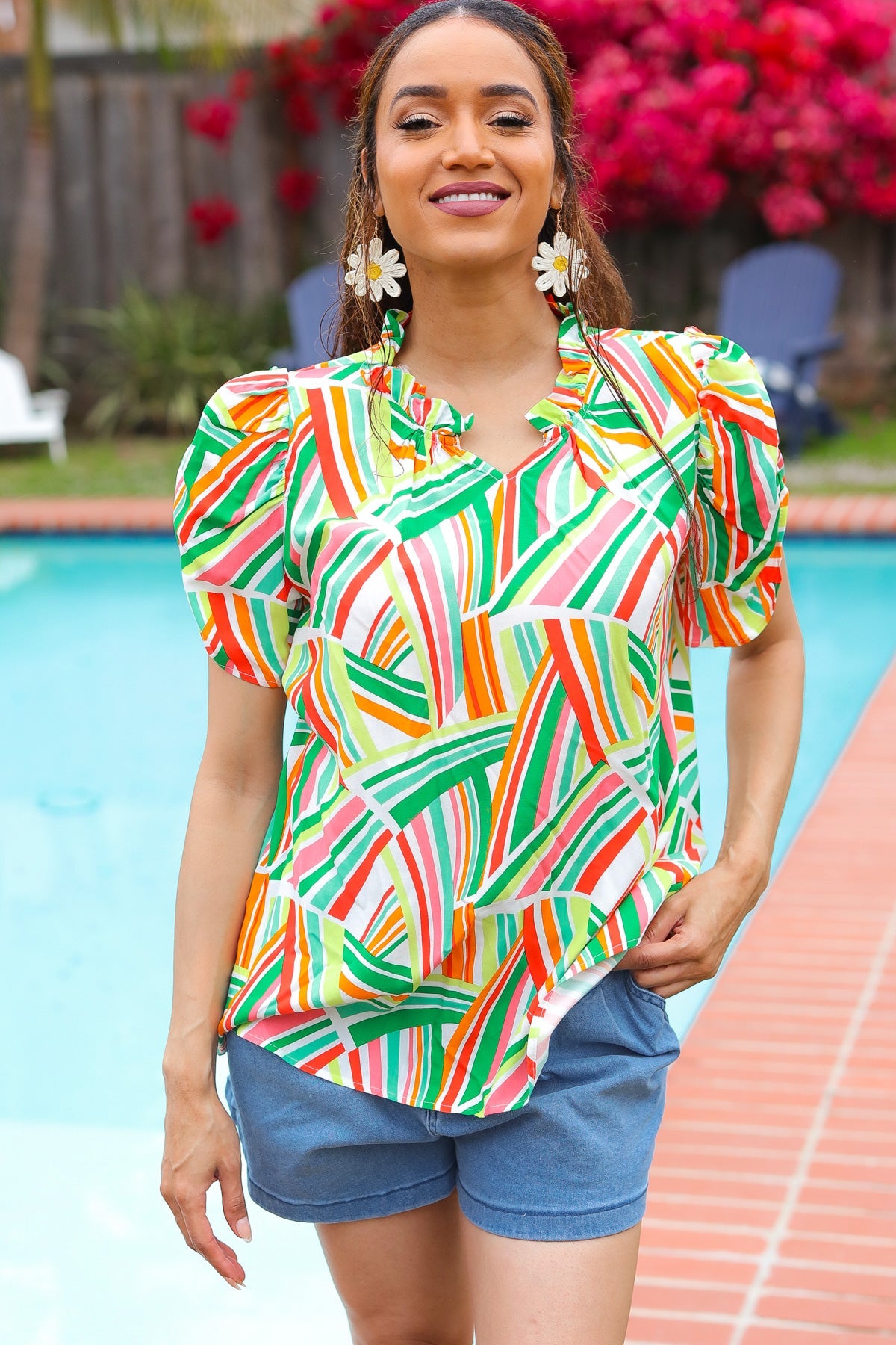 Stylish Green & Orange Geo Print Frill Notch Neck Puff Sleeve Blouse - Trendy Women's Fashion Top for Casual Outings & Date Nights