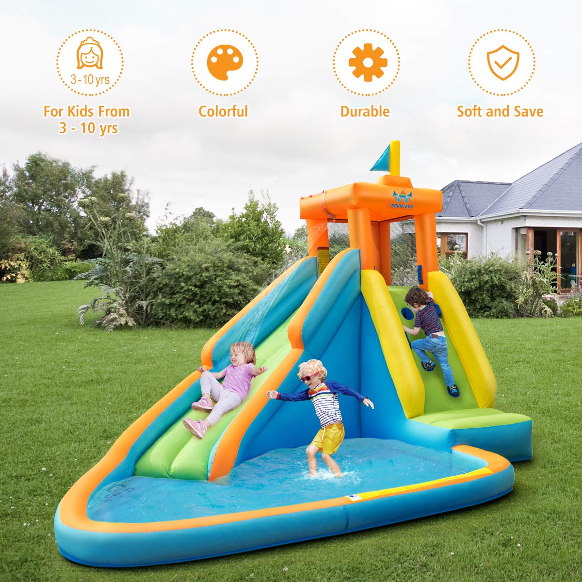 BOUNTECH Inflatable Water Slide for Kids & Adults - Giant Backyard Water Park with Splash Pool & 735W Blower - Outdoor Summer Party Fun for Birthdays, Family Gatherings & Backyard Activities