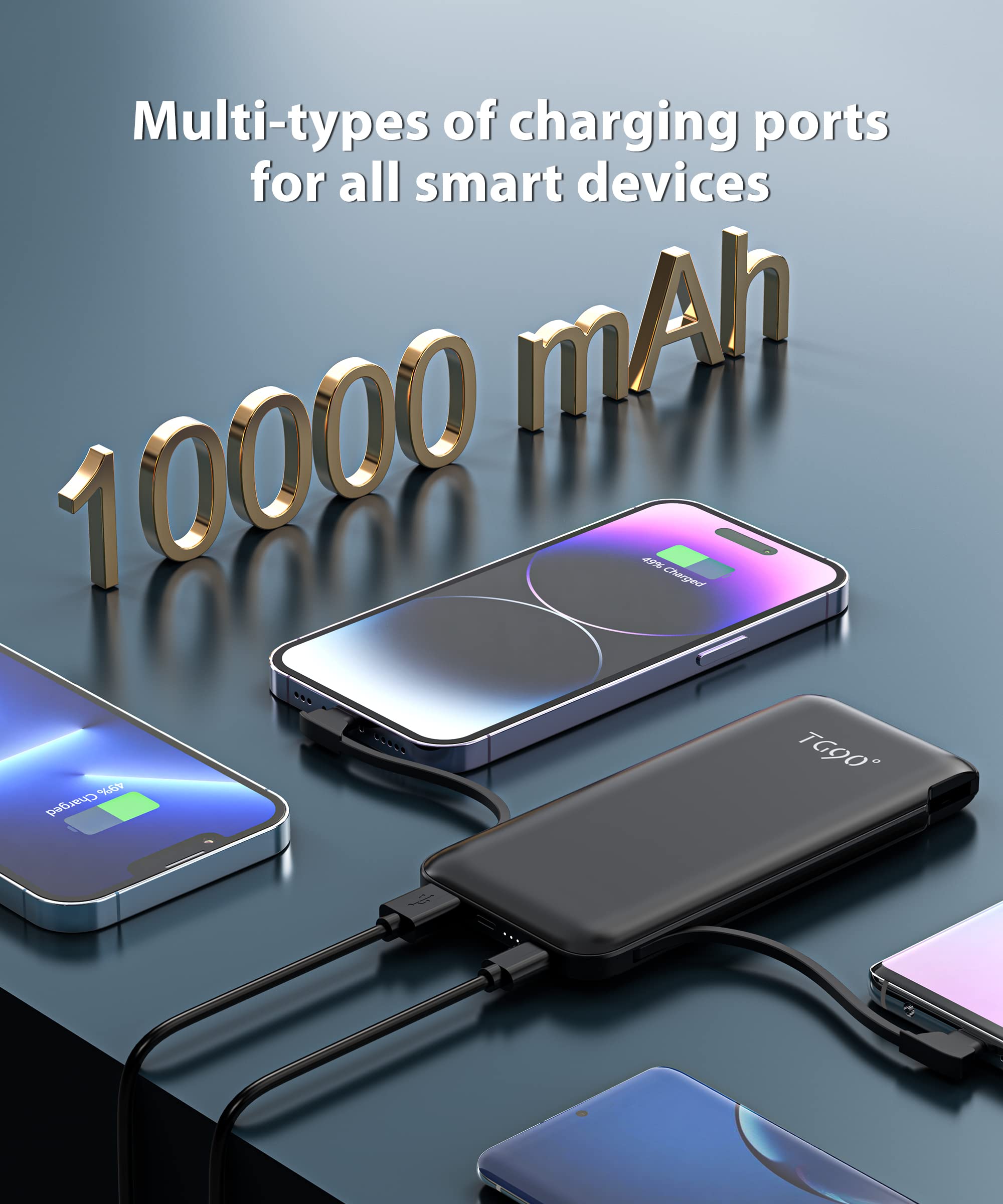 TG90° 10000mAh All-in-One Portable Charger with Built-in Cables & AC Wall Plug - Fast Charging Power Bank for iPhone, Android Phones - Perfect for Travel, Camping & Emergency Power Backup