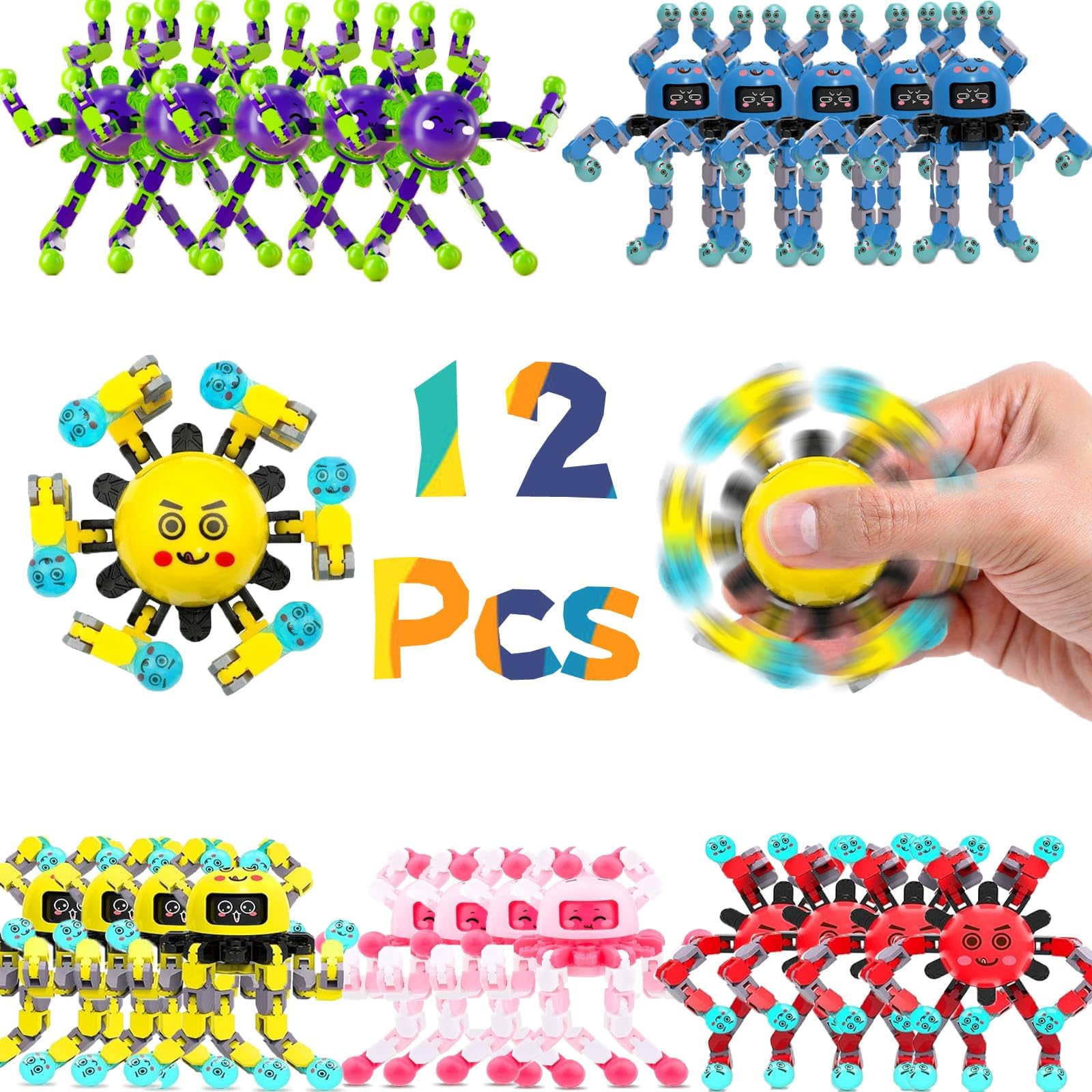 20 Pack Transformable Fidget Spinner Toys for Kids & Adults - Stress Relief Sensory Toys for Autism ADHD - Birthday Party Favors, Easter Basket Fillers, Classroom Rewards, Stocking Stuffers for Boys & Girls - Perfect for Home, School, Travel and Office Use