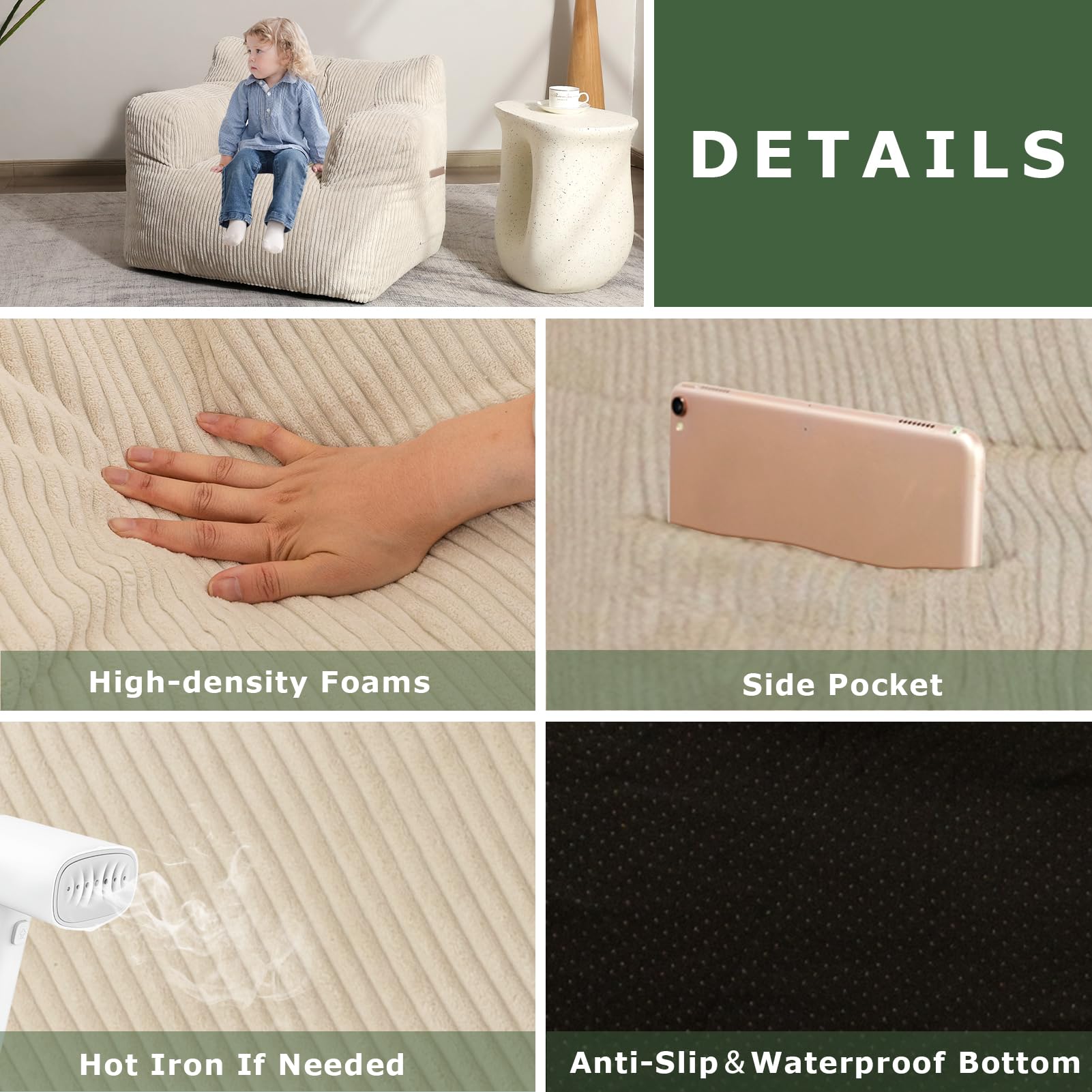 HIGOGOGO Bean Bag Chair Sofa - Extra Large Comfy Lazy Chair with Pocket Armrests for Living Room, Bedroom, Gaming & Reading - Soft Beige Fabric for Ultimate Relaxation | Perfect for College Dorms, Home Theater & Kids Playroom