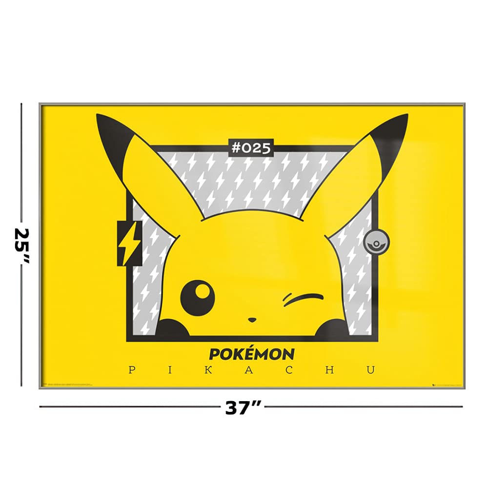 Pokemon Pikachu Winking Framed Poster - 36x24 Inch Anime Wall Art for TV Show & Gaming Fans - Perfect for Bedroom, Game Room & Office Decor