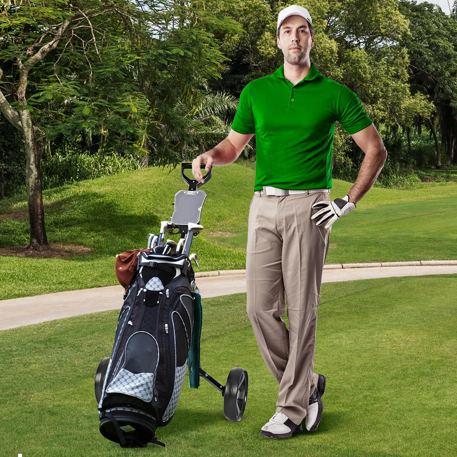 Premium 2 Wheel Golf Push Cart - Foldable Golf Trolley with Scorecard Holder, Upper/Lower Bracket & Elastic Straps | Lightweight Portable Golf Bag Caddy for Walking Courses | Perfect for Golfers, Seniors & Walking Enthusiasts on Any Terrain