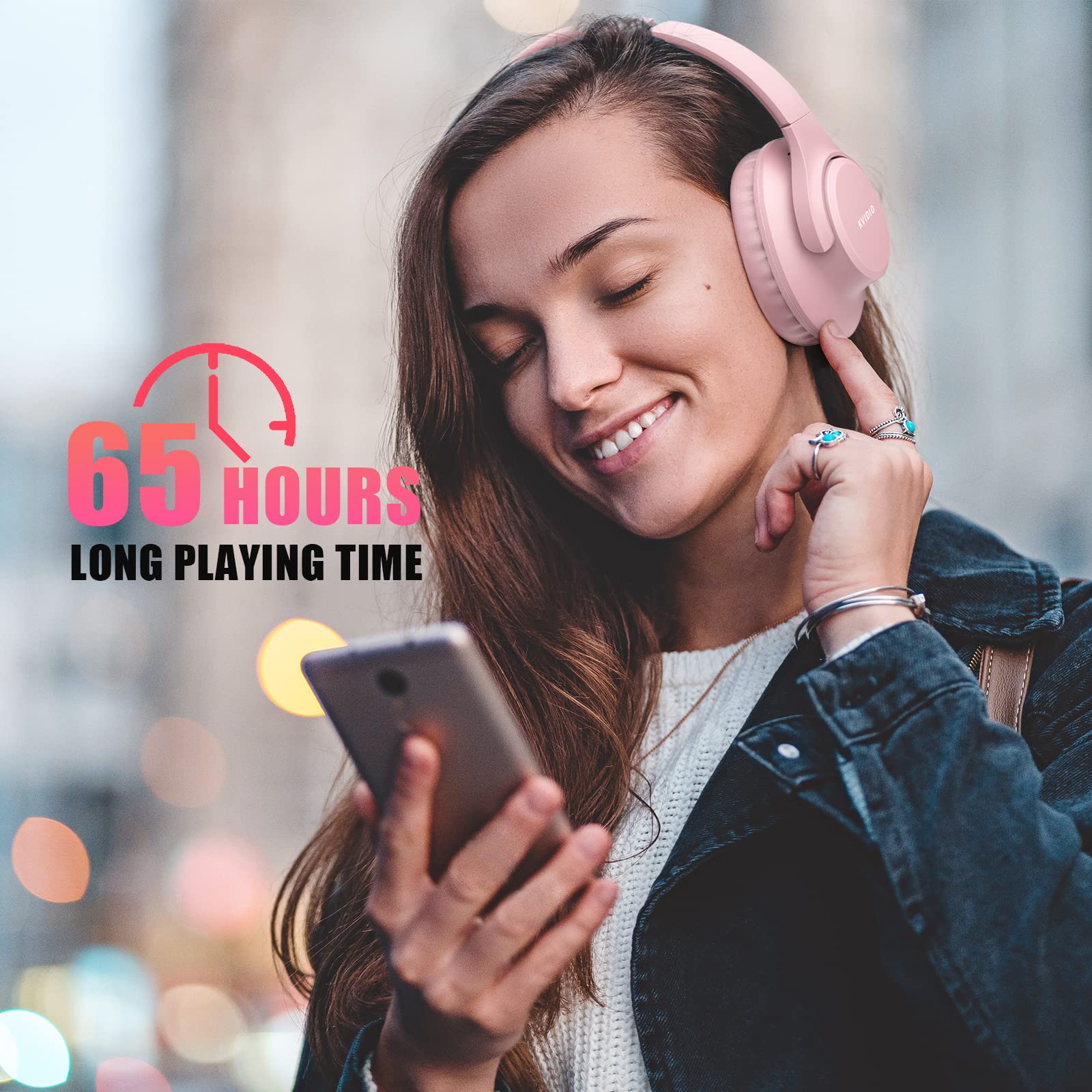 KVIDIO Bluetooth Over-Ear Headphones - 65H Playtime, Wireless with Mic, Foldable & Lightweight, Deep Bass & HiFi Stereo Sound for iPhone/Android - Perfect for Travel, Workouts & Gaming