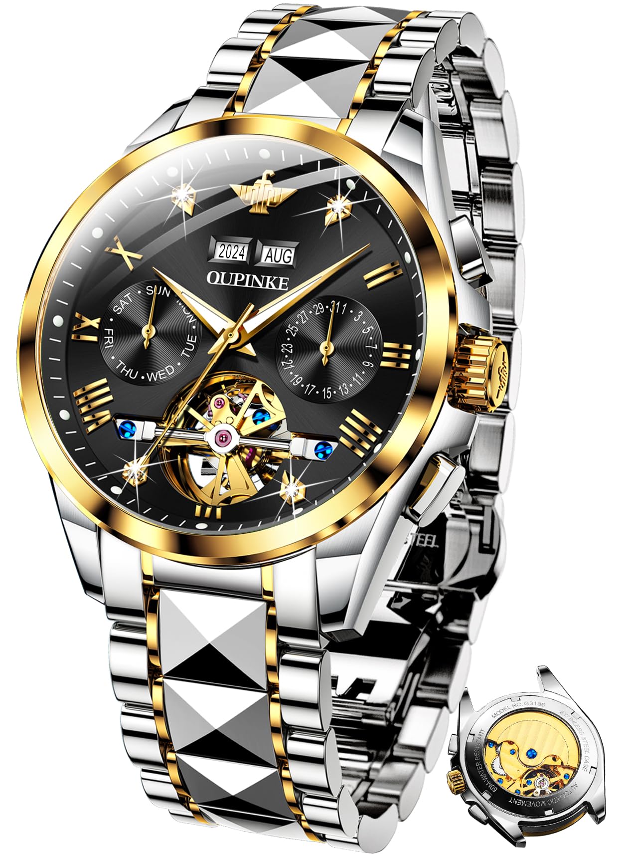 Premium OU PINKE Men's Automatic Watch - Diamond Skeleton Mechanical Self-Winding Luxury Dress Watch with Sapphire Crystal & Tungsten Case - Perfect for Business, Formal Events & Gifts