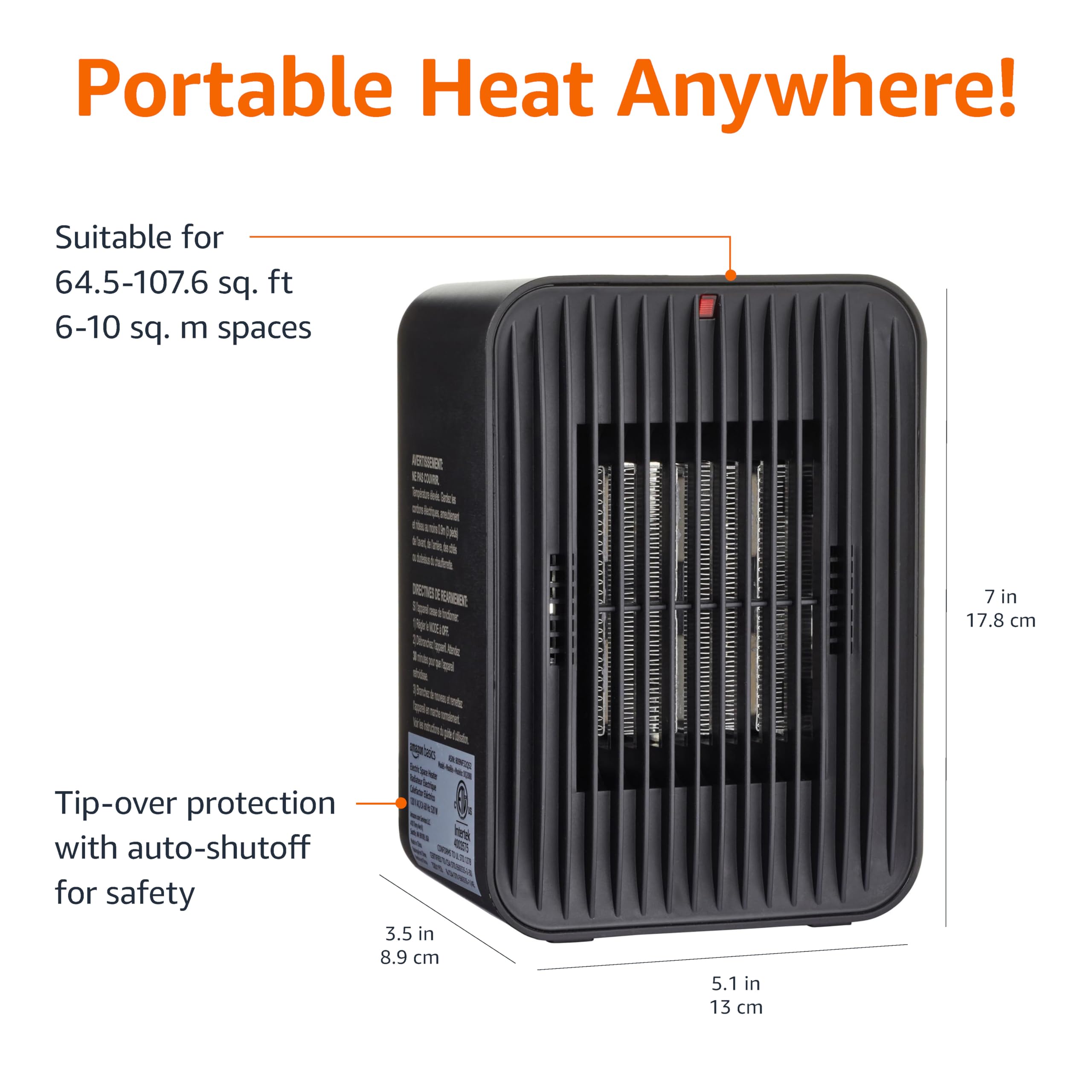 Amazon Basics Ceramic Space Heater - 520W Portable Electric Heater with 3 Heat Settings & Thermostat, Lightweight (1.7 lbs) for Bedroom, Office, Small Rooms - Black, 5.1