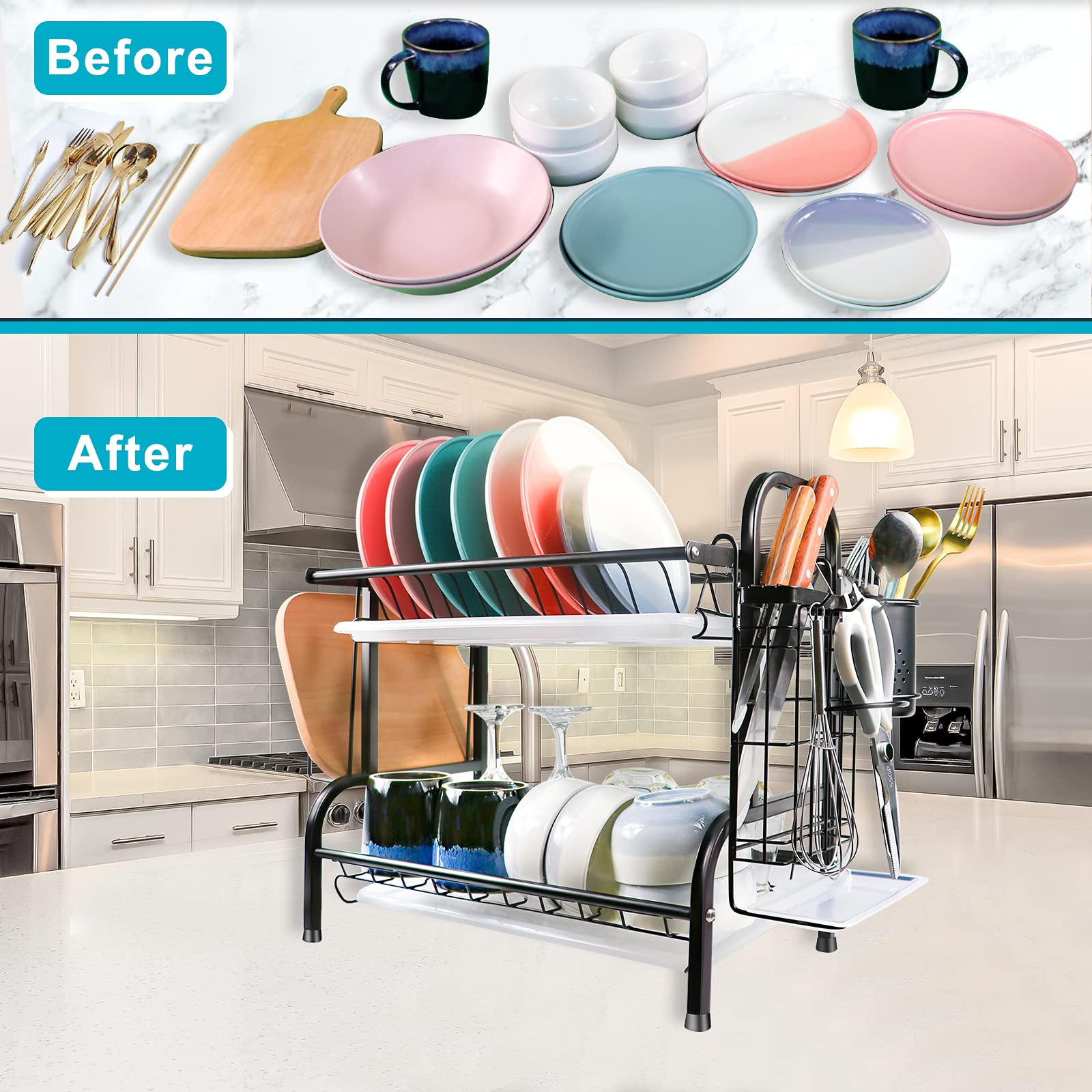 2-Tier Stainless Steel Dish Drying Rack with Utensil Holder & Cutting Board Storage - 16