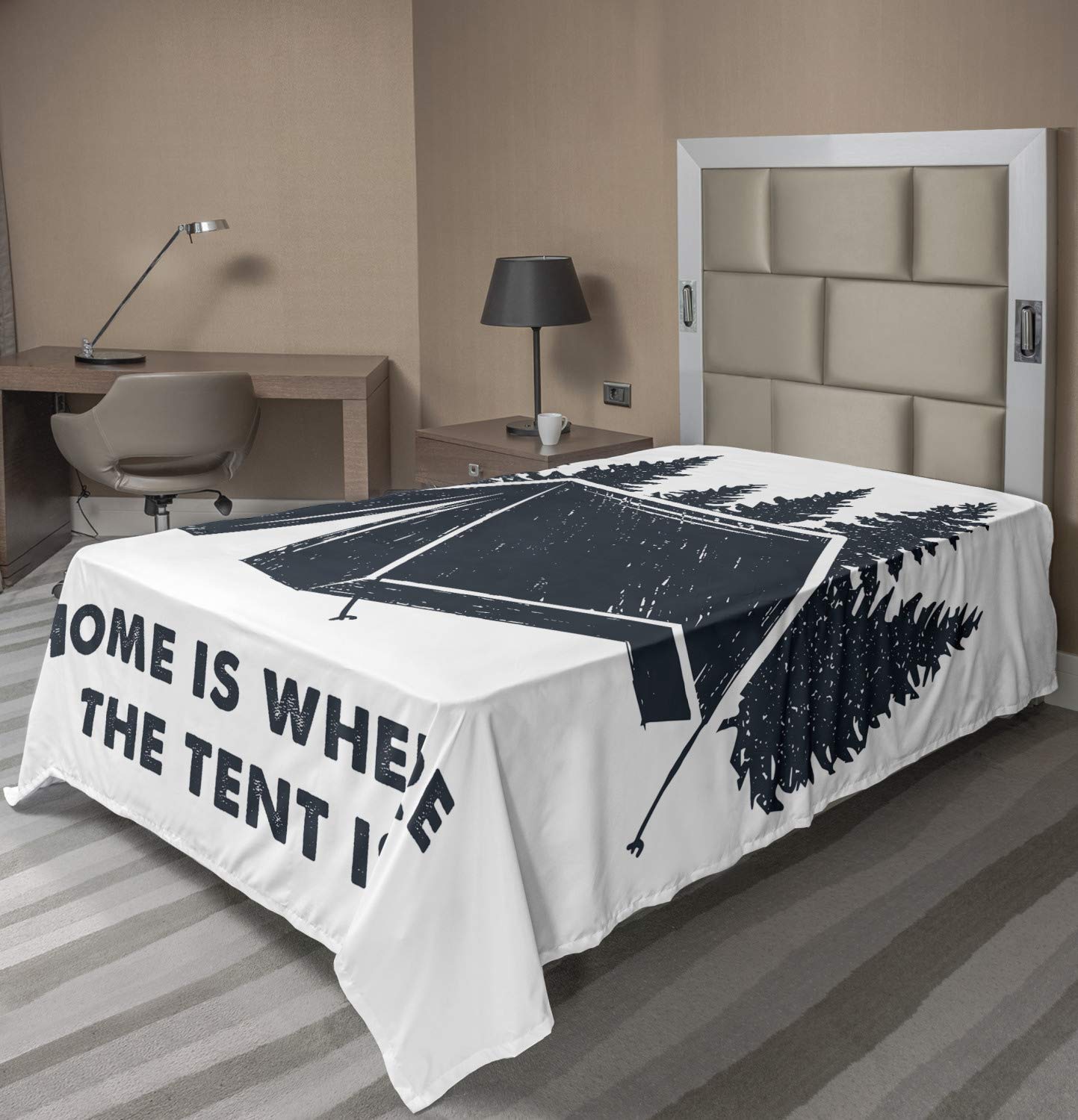 Ambesonne Camping Themed Flat Sheet - 'Home is Where The Tent is' Pine Tree Design | Soft & Comfortable Twin XL Top Sheet | Dark Blue & White Decorative Bedding for Camping Enthusiasts & Outdoor Lovers