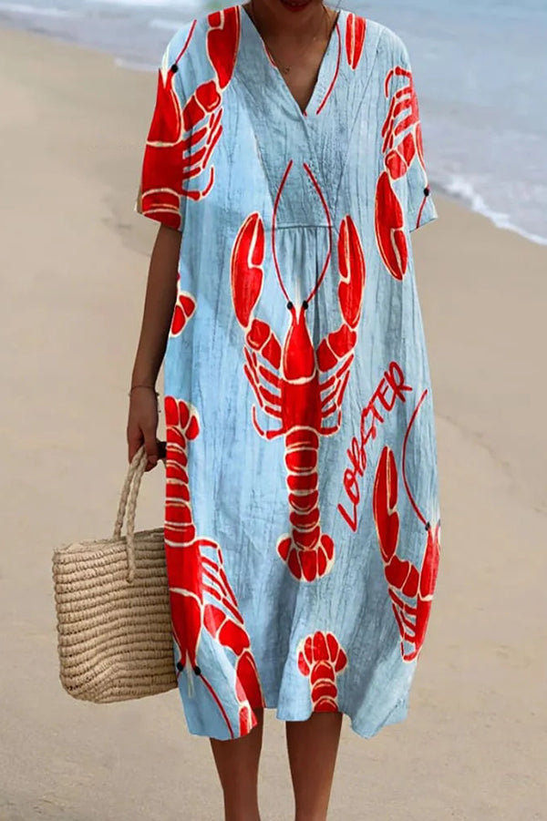 Stylish Marine Print V-Neck Short Sleeve Midi Dress for Women | Beach Vacation, Summer Party & Casual Outfit
