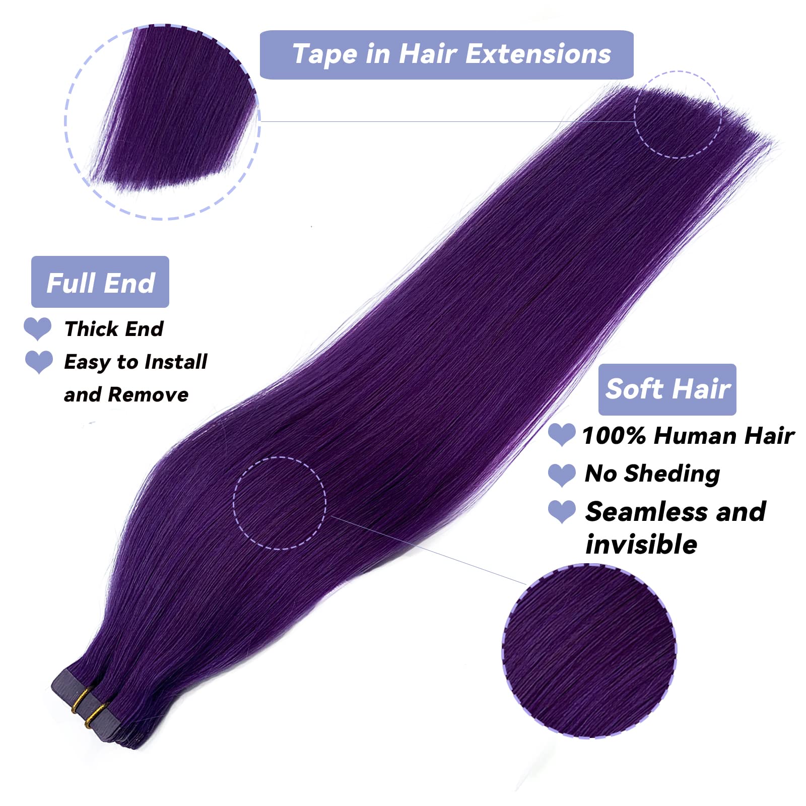 Smavida 20inch Tape in Hair Extensions - 100% Human Remy Hair, Soft Straight Seamless Skin Weft, Purple Highlights (20pcs, 50g/pack) - Perfect for Parties, Weddings & Daily Styling