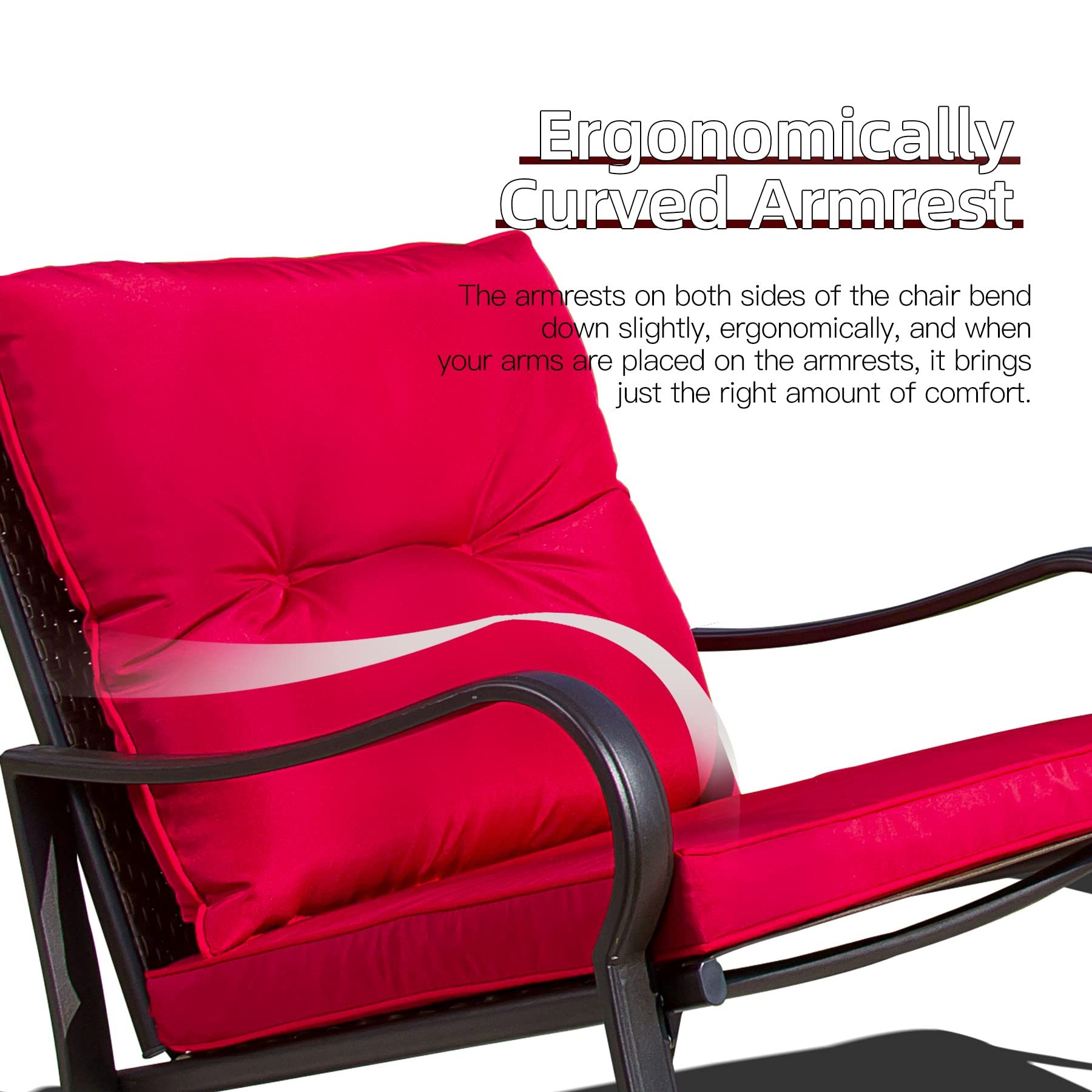 **Domi 3-Piece Outdoor Rocking Chair Set - Patio Bistro Chairs with Iron Frame & Glass Coffee Table - Perfect for Porch, Poolside, Lawn, Garden & Balcony (Red, Curved Armrest) - Relaxing Conversation & Leisure Seating**