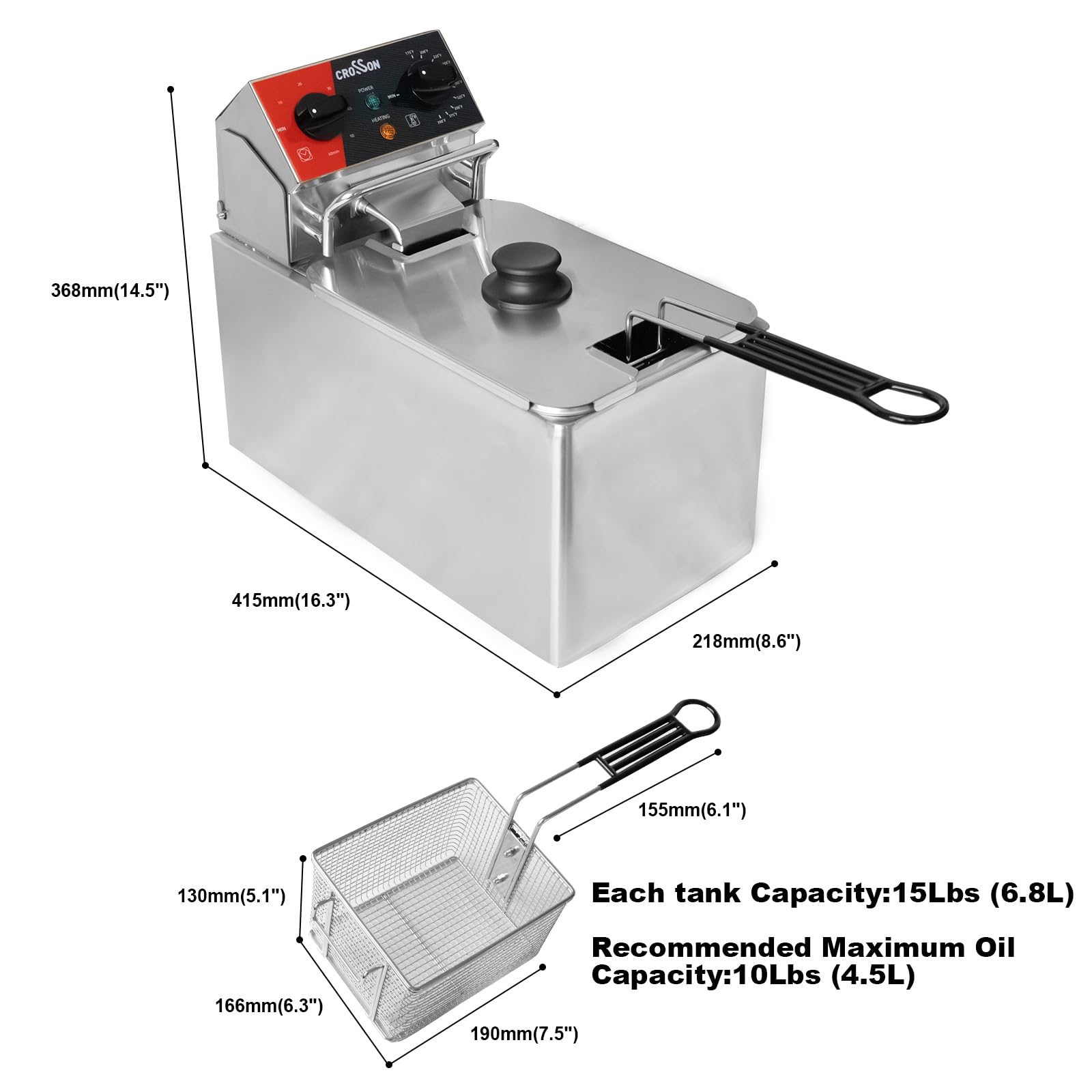 Crosson 10Lbs Electric Countertop Deep Fryer - 4.5L Capacity with Removable 304 Stainless Steel Oil Tank & Basket | Easy Clean Rotary Fryer Head, 30-Minute Timer | Perfect for Home Cooking, Restaurants & Catering - Fry Chicken, Fish, Donuts & More