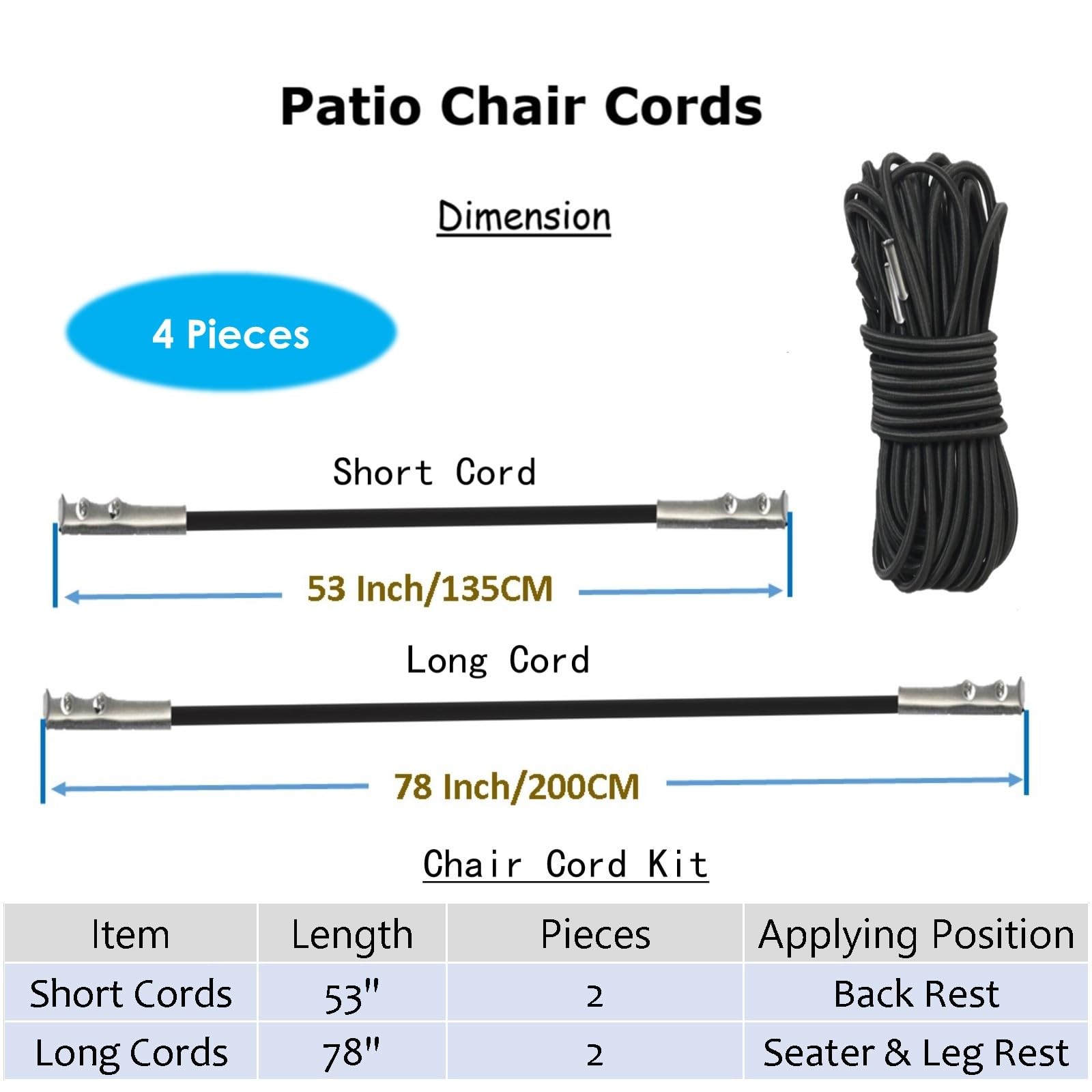 4 Pack Zero Gravity Chair Cord Replacement - Heavy Duty Elastic Bungee Cord for Patio Recliner, Lawn, Beach & Lounge Chairs - Durable Nylon Stretch String for Outdoor Relaxation (Perfect for Backyard, Poolside & Camping Use)