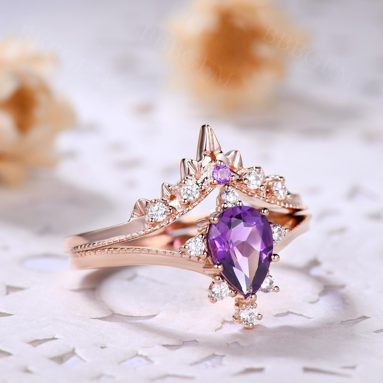 Natural Amethyst Purple Crystal Ring Set - 2 Piece Pear Cut Wedding Band for Women, Elegant Gemstone Jewelry Gift for Brides, Anniversary & Special Occasions