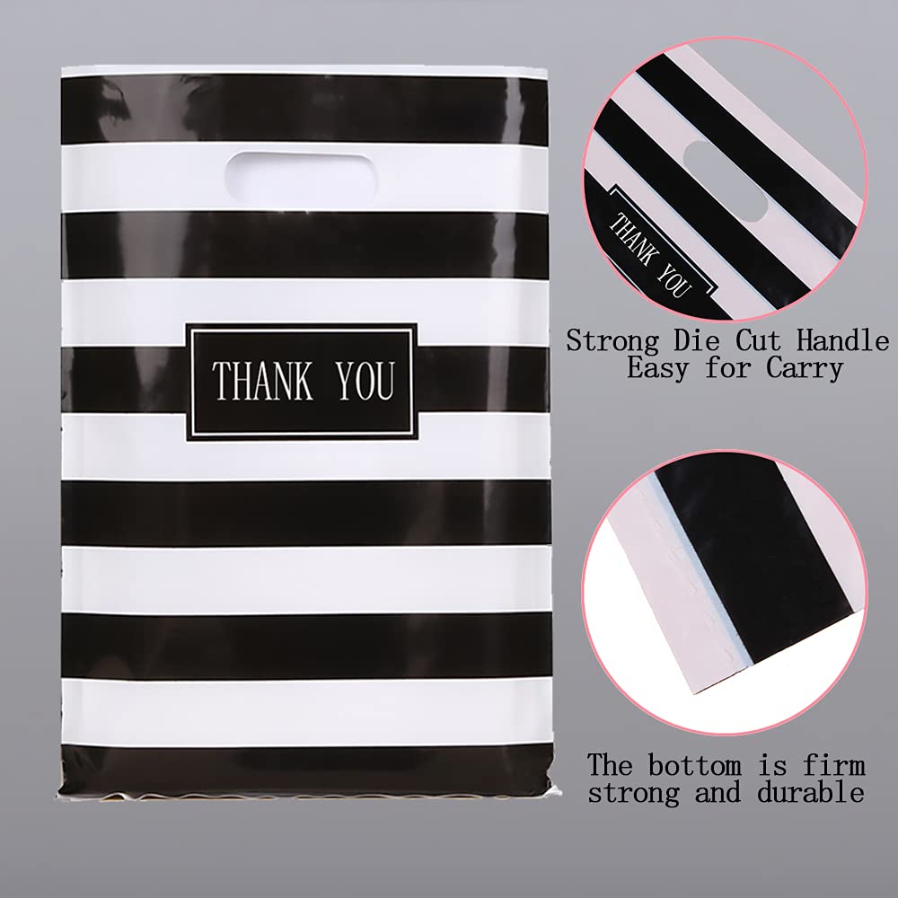 Daarcin 100pcs 12x16in Black and White Striped Plastic Shopping Bags with Handles - Reusable Retail Merchandise Bags for Boutique, Party Favors, Goodie Bags, Clothing Stores & Business Use | Perfect for Gift Packaging, Retail Shopping & Event Giveaways