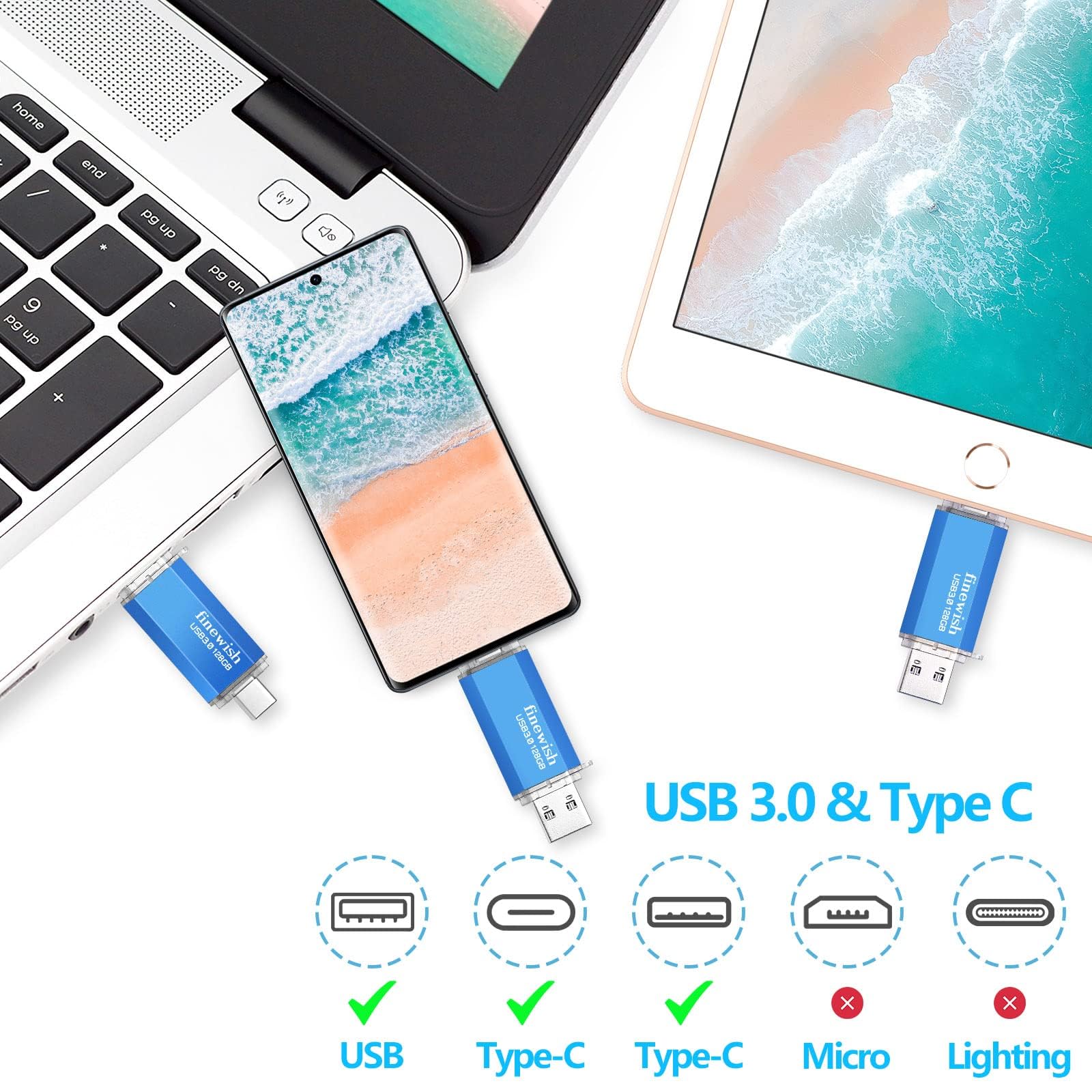 128GB USB C Flash Drive 2-in-1 USB 3.0 OTG Memory Stick with 40MB/s Read Speed - Compatible with PC, Laptop, Car & TV - Portable Storage for Work, School & Travel (Blue)
