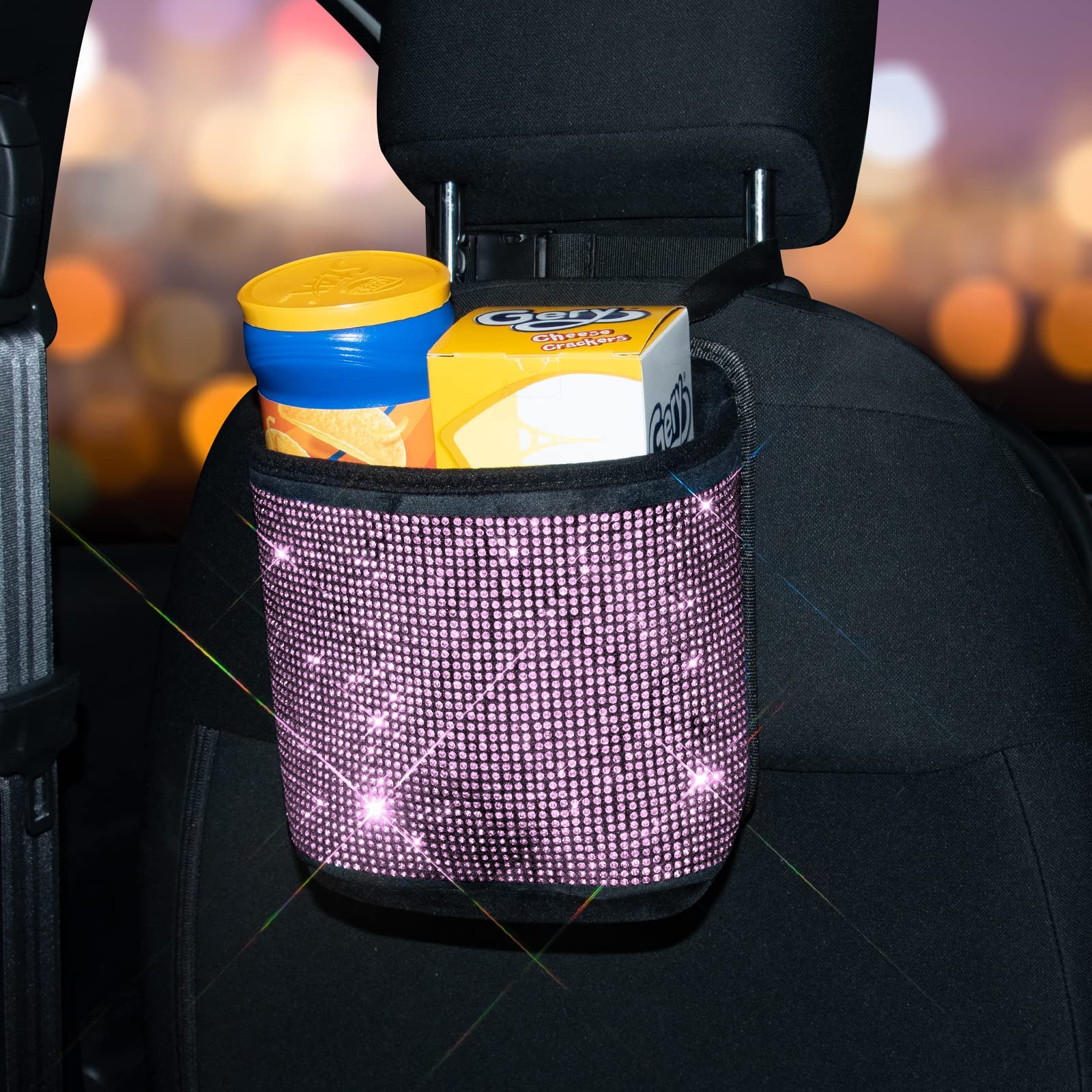 Premium Bling Crystal Car Seat Organizer - 2-Pack Pink Diamond Car Accessory for Front/Back Seat Storage | Travel Caddy Bag & Garbage Pocket Bin | Perfect for Road Trips, Daily Commute & Family Car Organization
