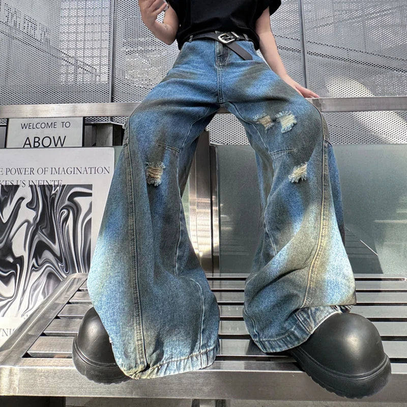 American Style Men's Jeans - Trendy Flip Design Wide Leg Distressed Denim Pants for Men | High Street Fashion | Casual Wear, Street Style & Everyday Outfits (Model 9C7025)