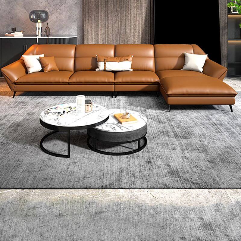 Mid Century Modern Sectional Sofa - Genuine Leather Cushion Back Sofa with Sloped Arms for Living Room, Lounge & Home Theater
