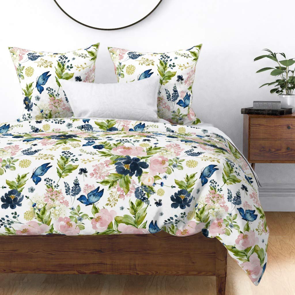 Custom Indigo Pink Floral Bouquet Duvet Cover King/California King - Boho Butterflies Blue Watercolor Print Cotton Sateen Bedding for Bohemian & Modern Bedroom Decor