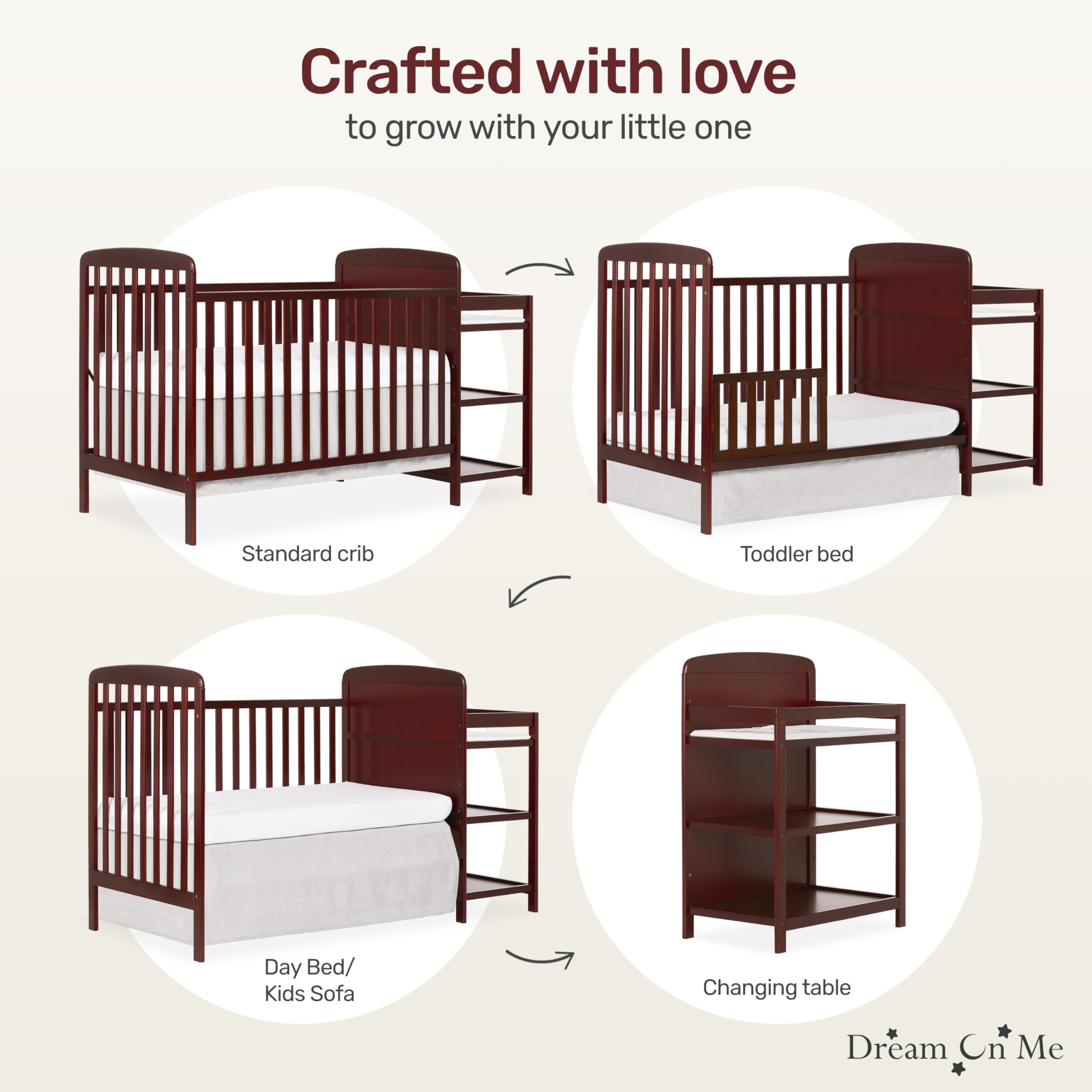 Dream On Me Anna 3-in-1 Convertible Crib with Changing Table - Cherry Wood, Greenguard Gold Certified, Non-Toxic Baby Nursery Furniture Set with 1