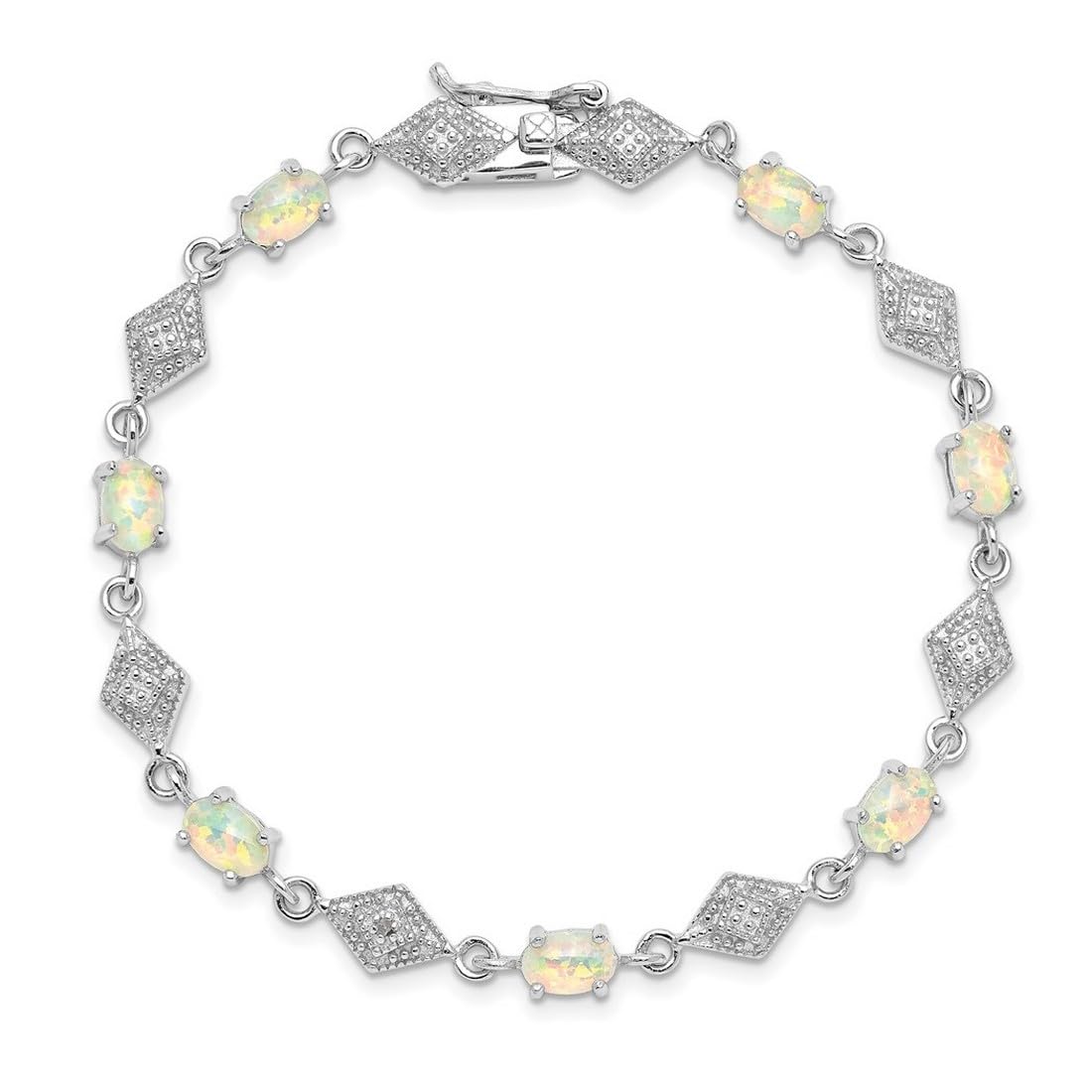 925 Sterling Silver Women's Safety Bar Box Clasp Bracelet with White Simulated Opal - 7 Inch 6mm Wide Polished Link Bracelet for Everyday Wear & Special Occasions
