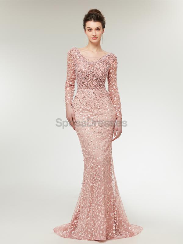 Elegant Long Sleeve Lace Mermaid Peach Evening Gown - Formal Prom Dress for Women | Perfect for Evening Parties, Prom Nights & Special Occasions