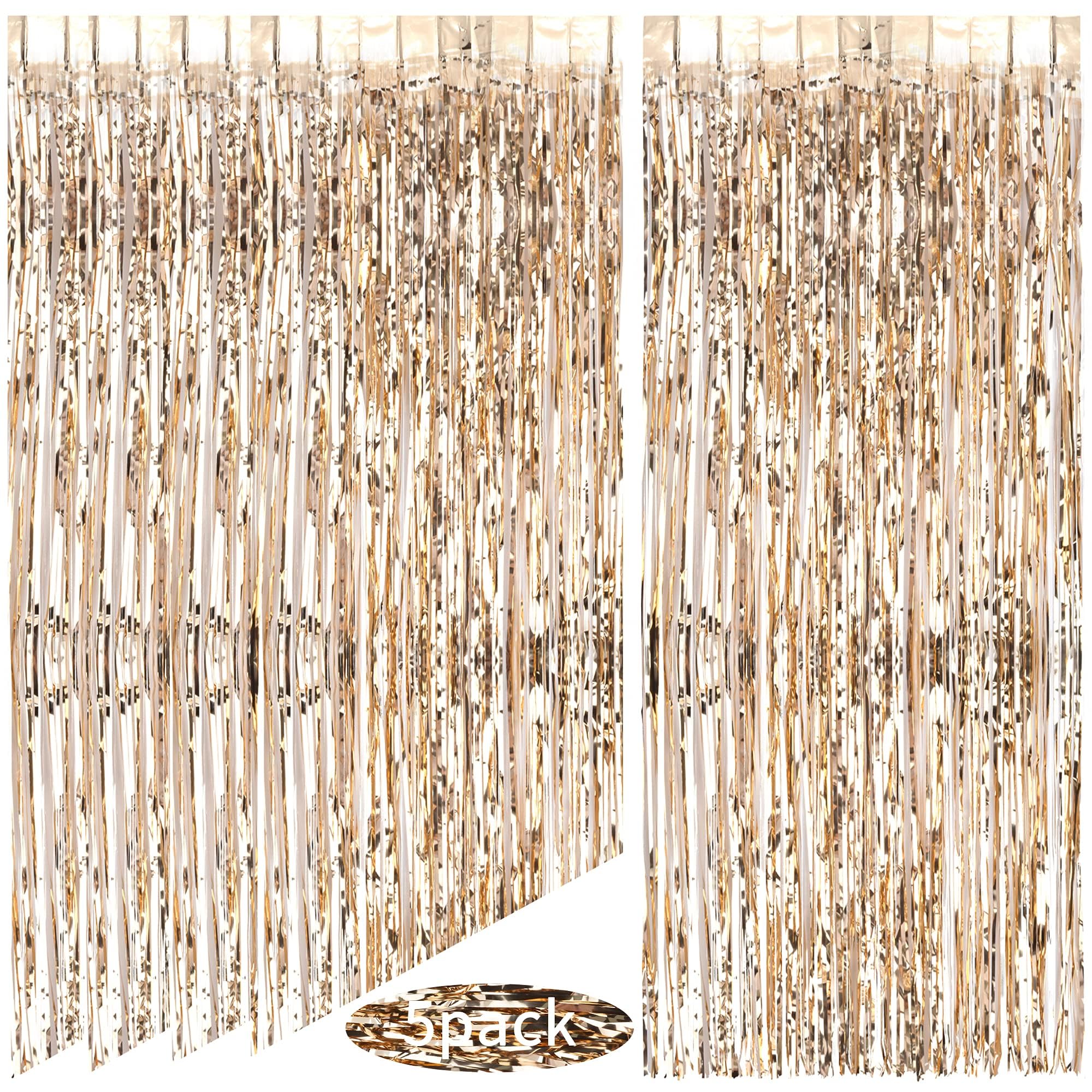 AIBAOBAO 5 Pack Champagne Gold Foil Fringe Curtains - 3ft x 6.6ft Metallic Tinsel Streamers Backdrop for Birthday Party, Wedding, Baby Shower, Halloween & Christmas Decorations - Perfect for Photo Booths, Stage Backgrounds and Event Decor